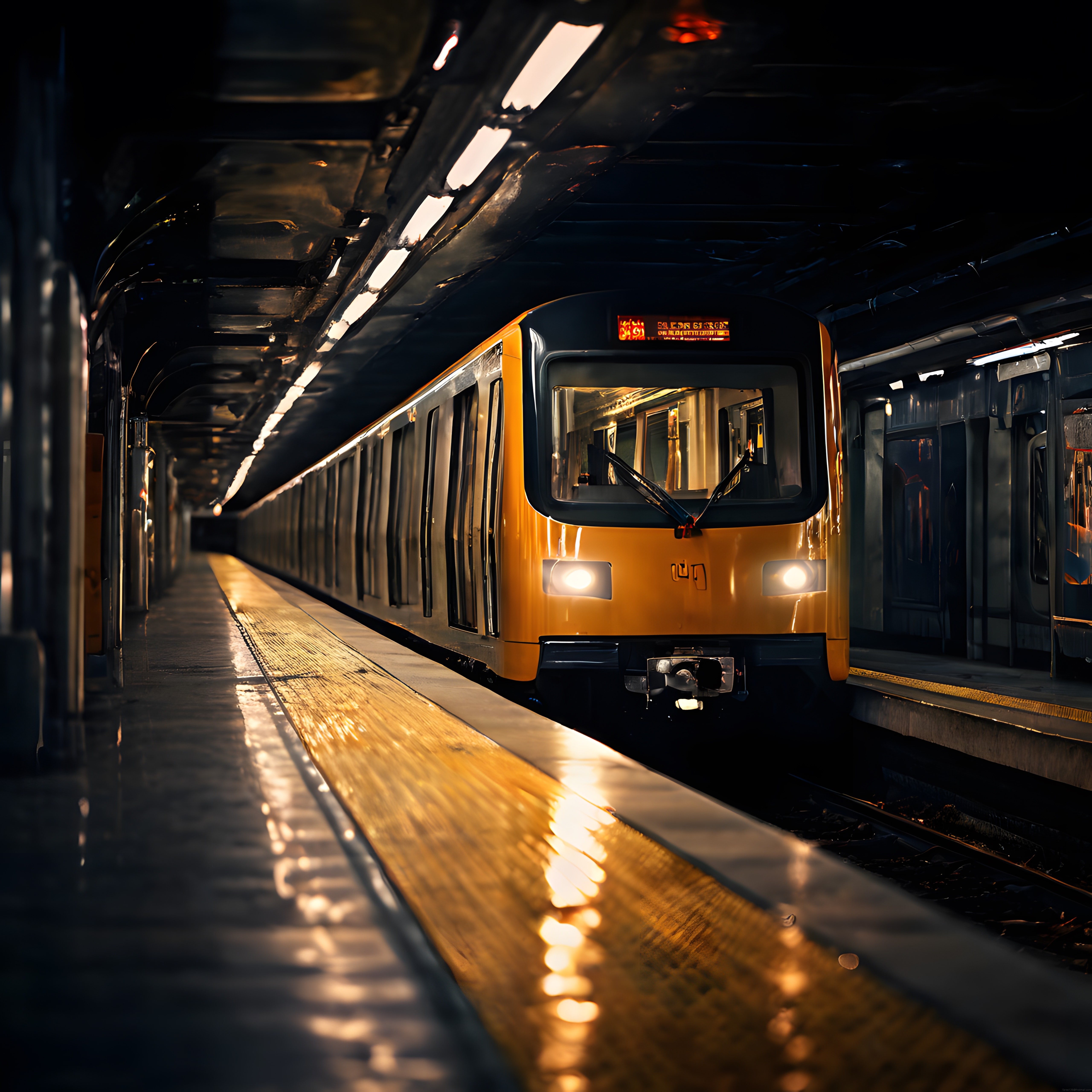 Sarı renkli metro treni karanlık bir istasyonda peronda bekliyor