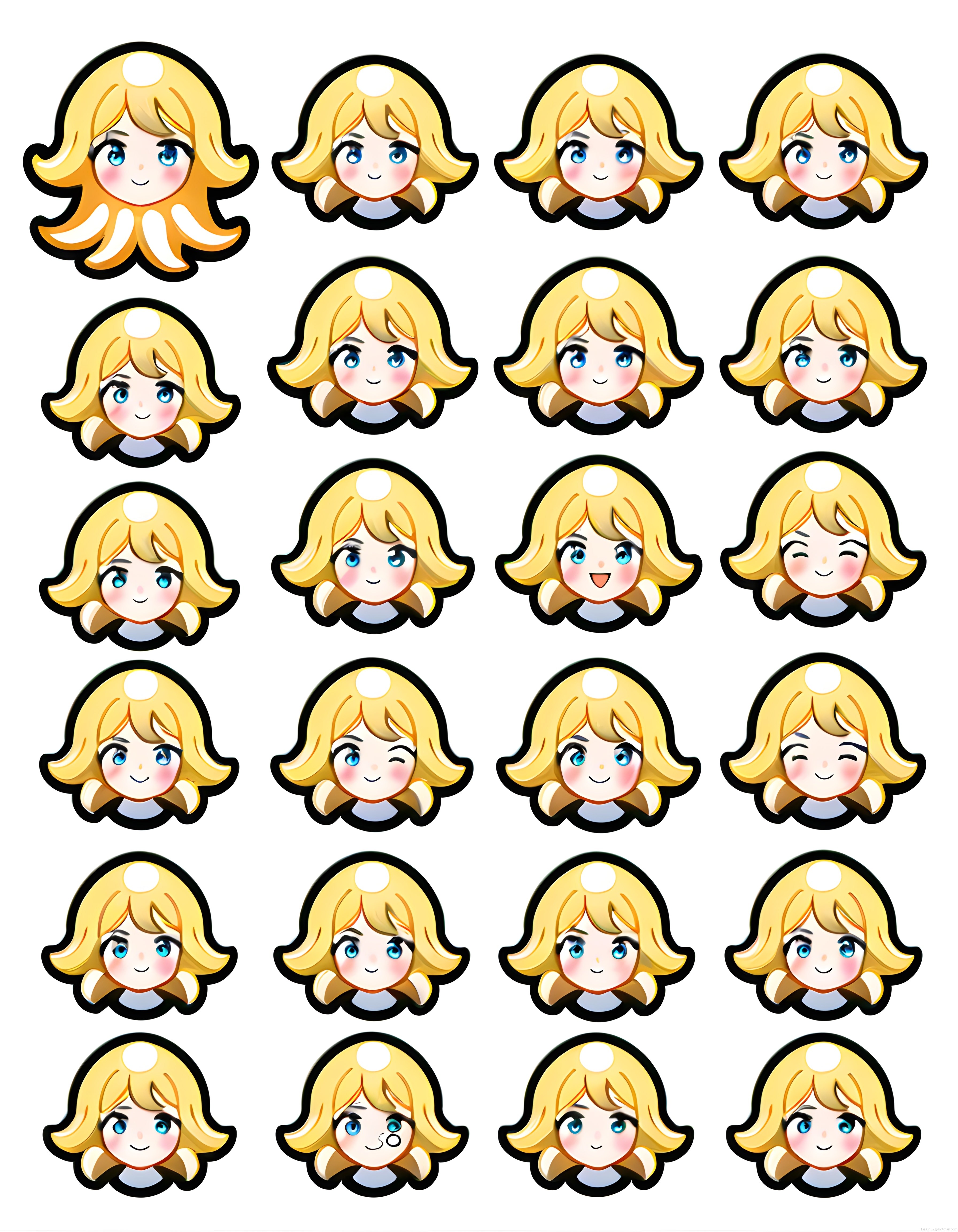 Sarı Saçlı Anime Kız Karakterinin Farklı Yüz İfadeleri ve Duygusal Emoji Seti