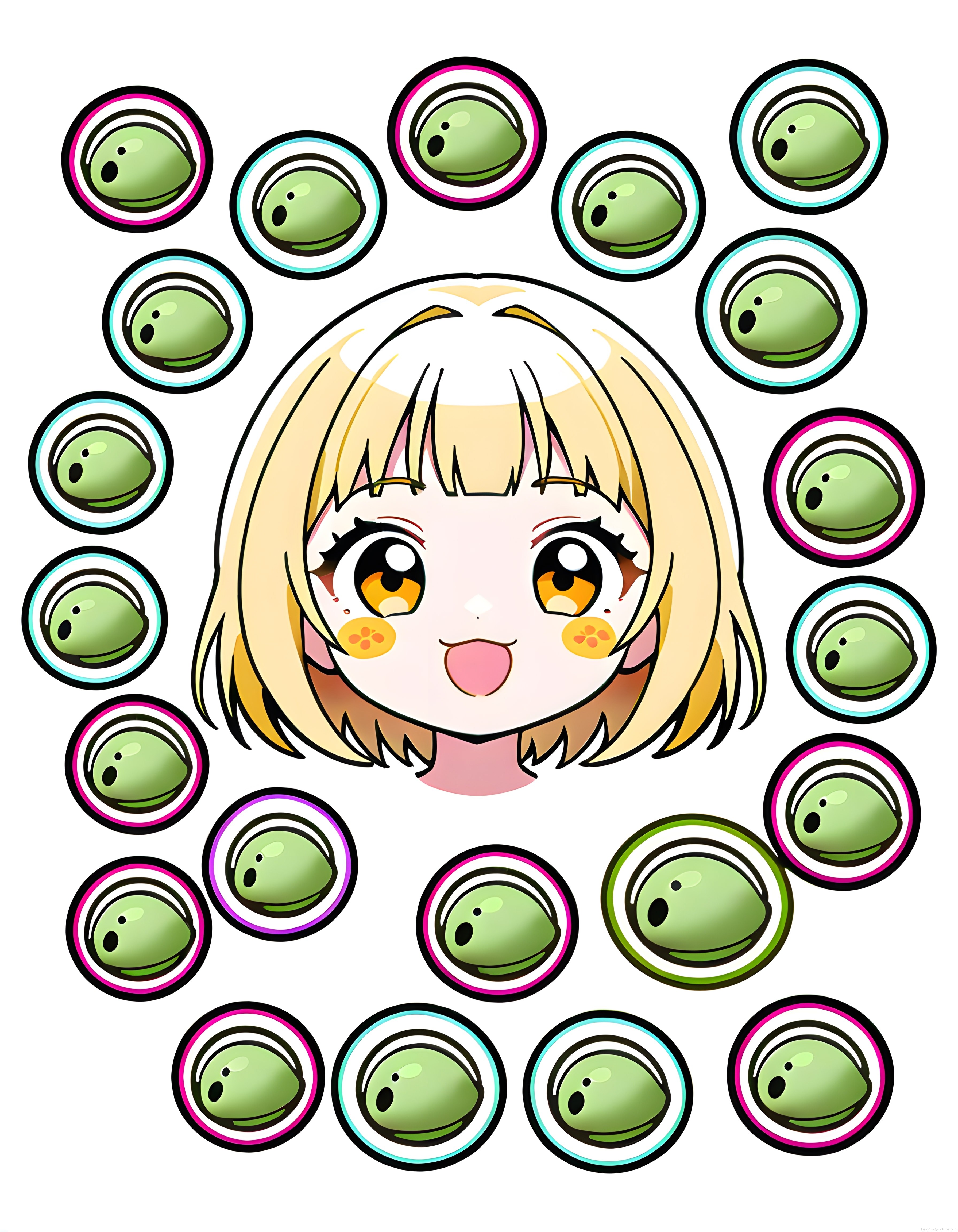 Sarı saçlı anime kız ve etrafındaki renkli slaym yaratıkları sevimli kawaii çizim