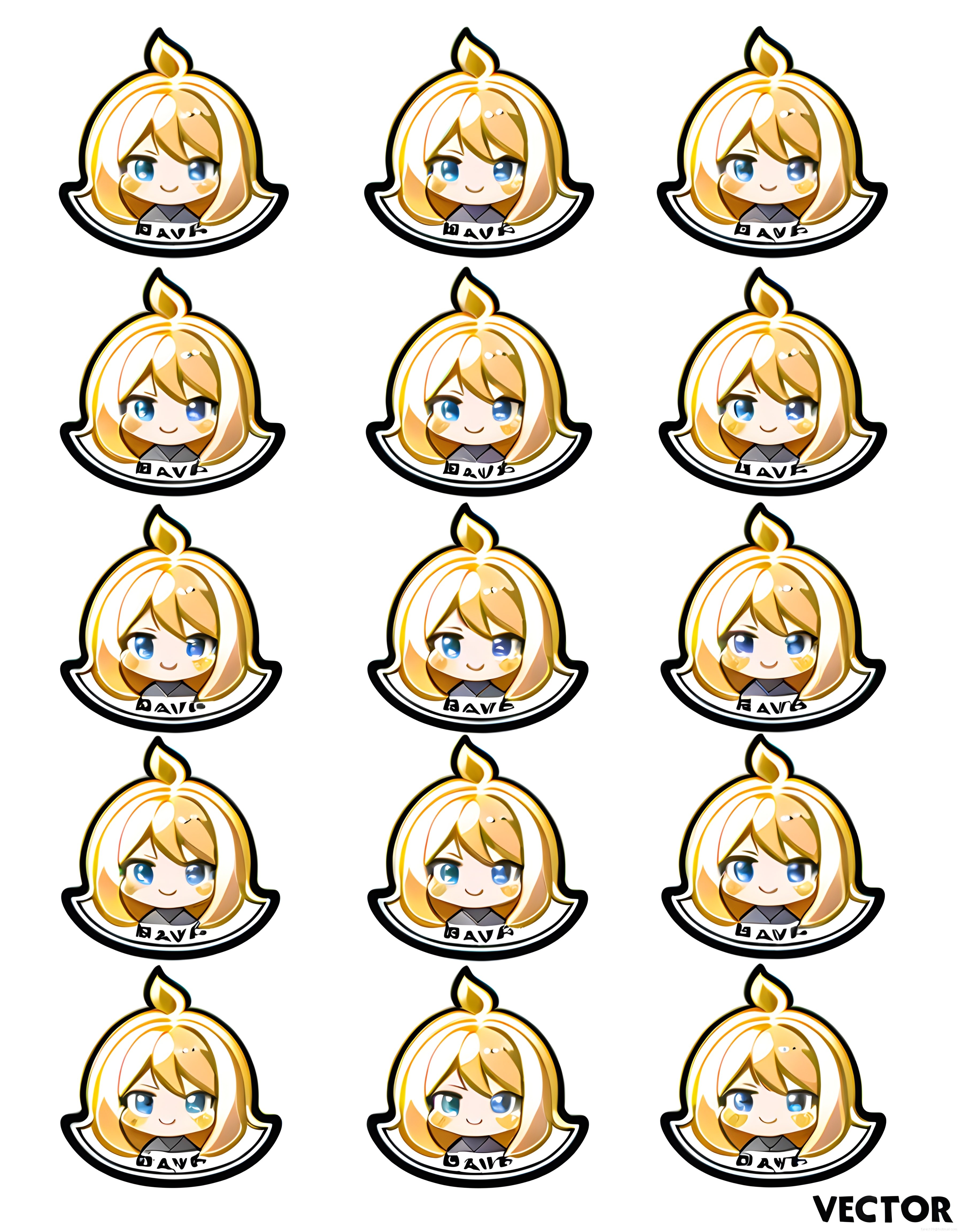 Sarı Saçlı Mavi Gözlü Sevimli Anime Chibi Kız Karakter Vektör Çıkartma Seti