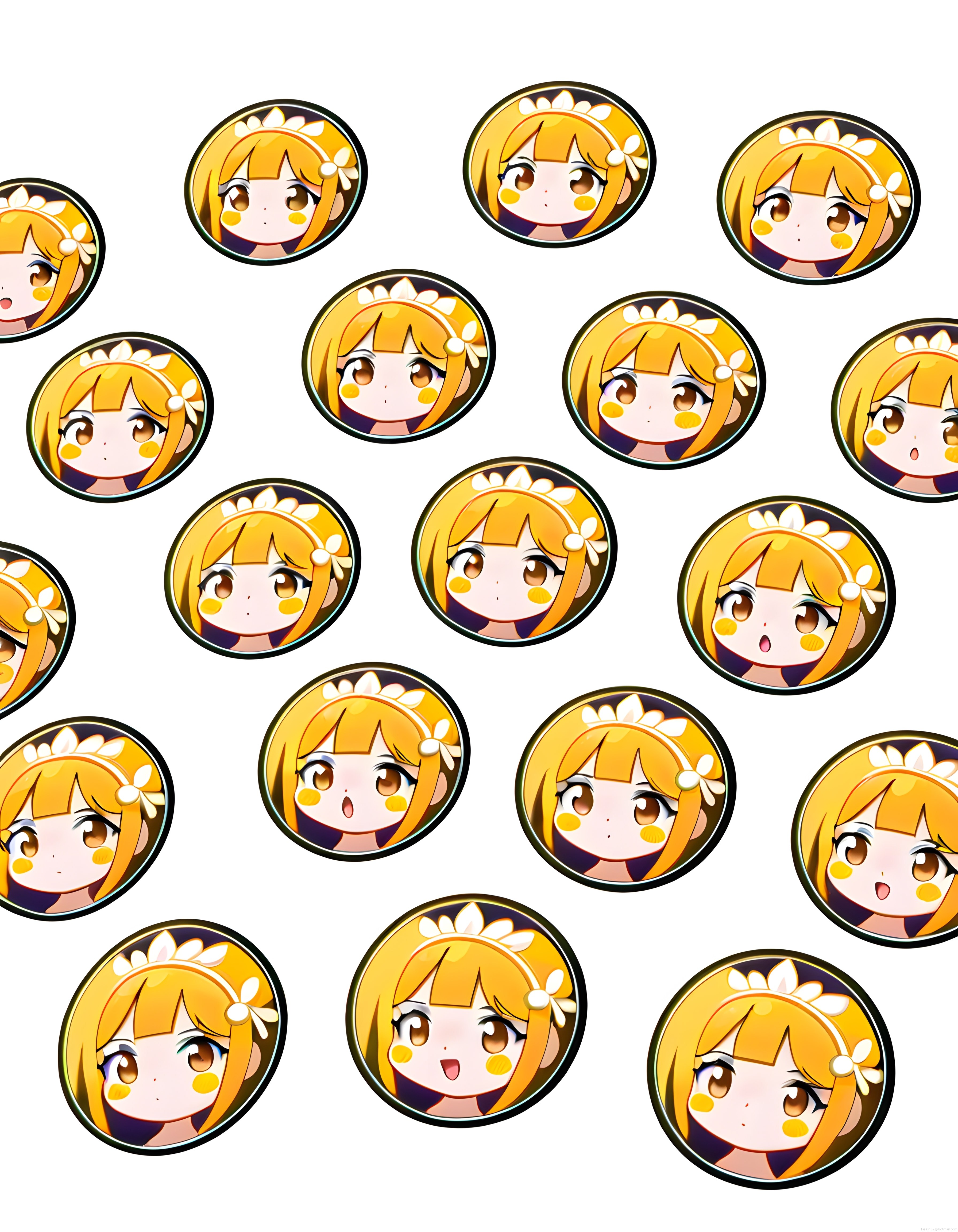 Sarı saçlı papatya taçlı anime kız rozetleri ve kawaii karakter illüstrasyonu