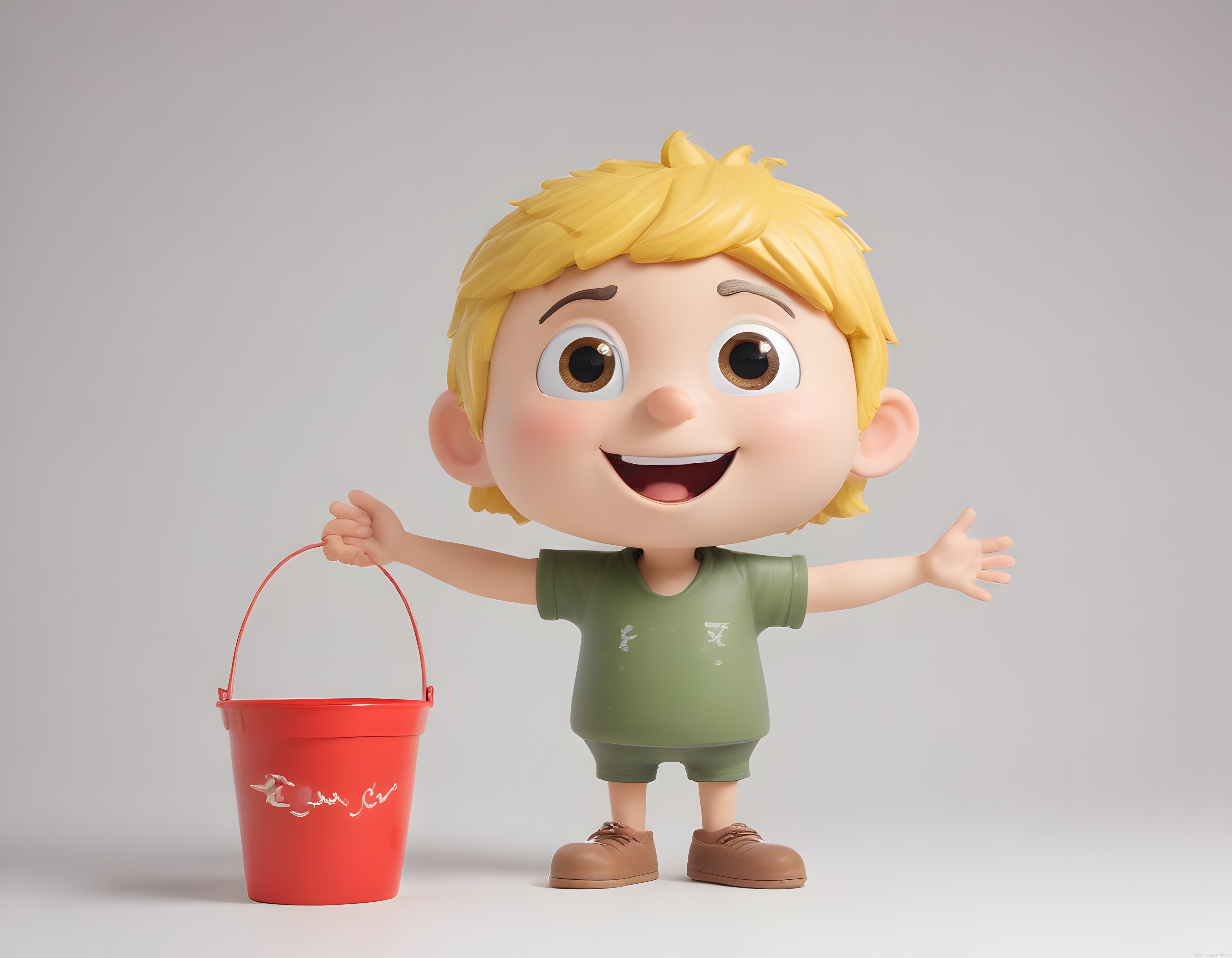 Sarı Saçlı Sevimli 3D Animasyon Çocuk Karakteri Kırmızı Kovayla Gülümsüyor
