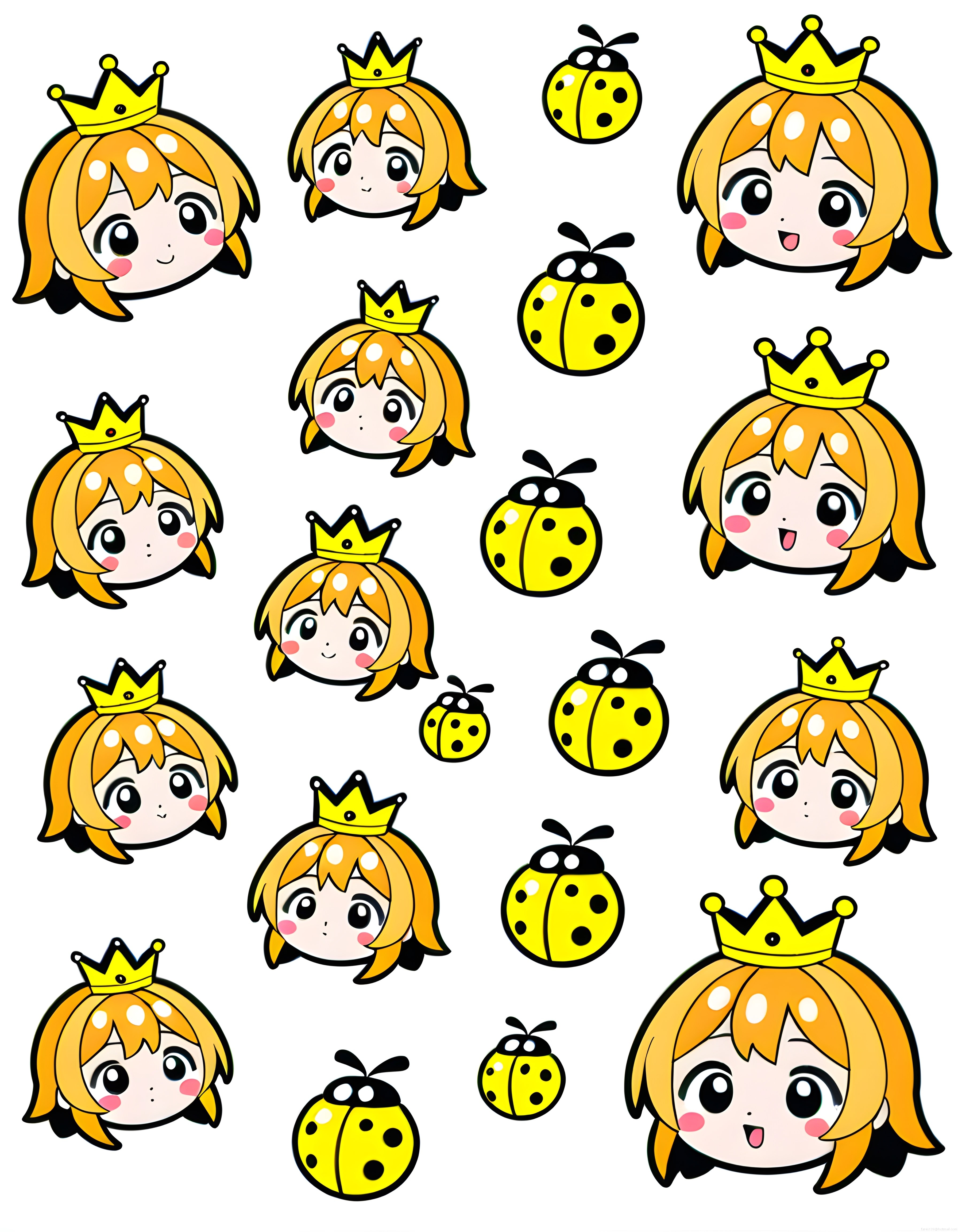 Sarı Saçlı Taclı Prenses ve Uğur Böcekli Sevimli Chibi Sticker Koleksiyonu