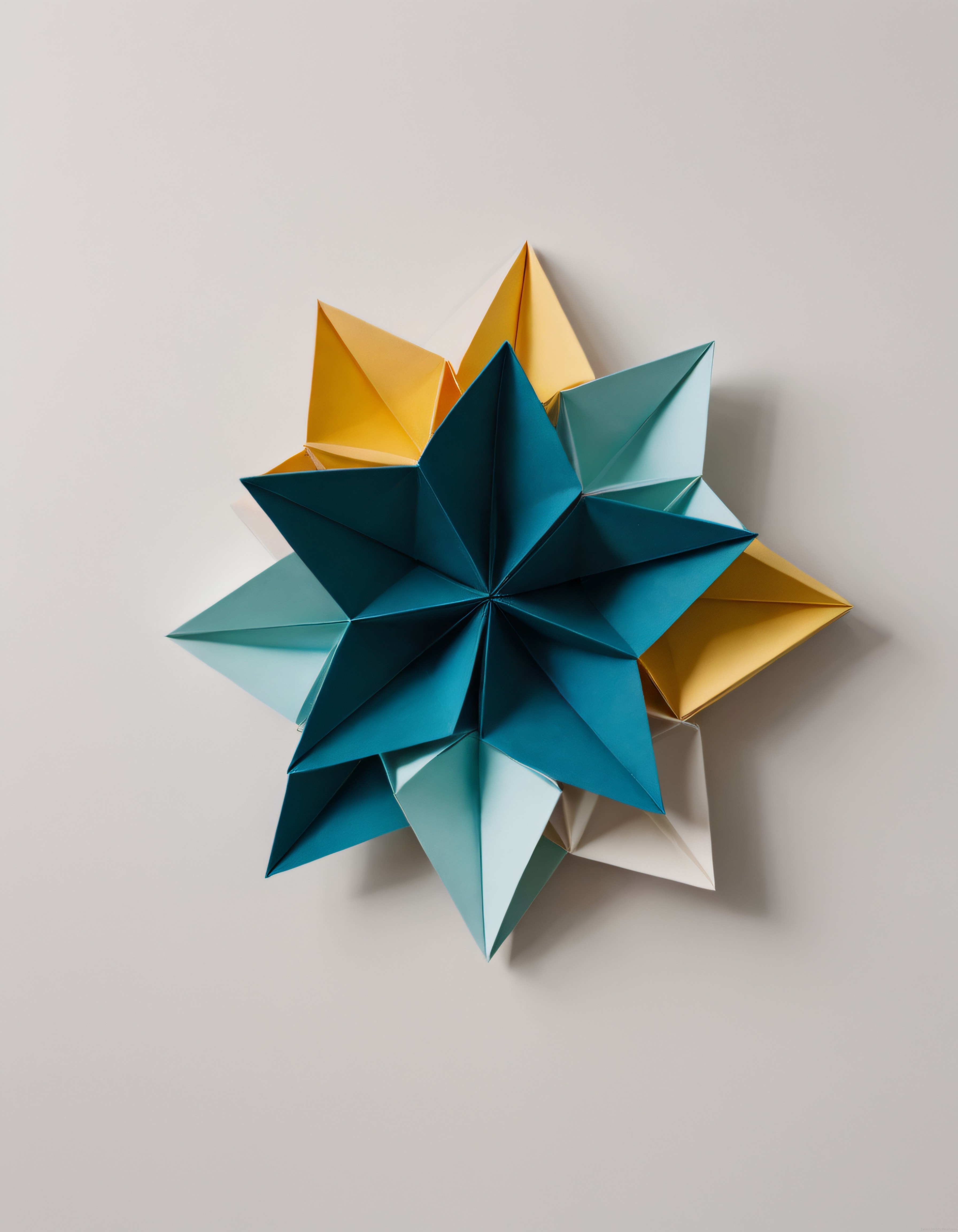 Sarı ve mavi tonlarında geometrik modüler origami çiçek sanatı