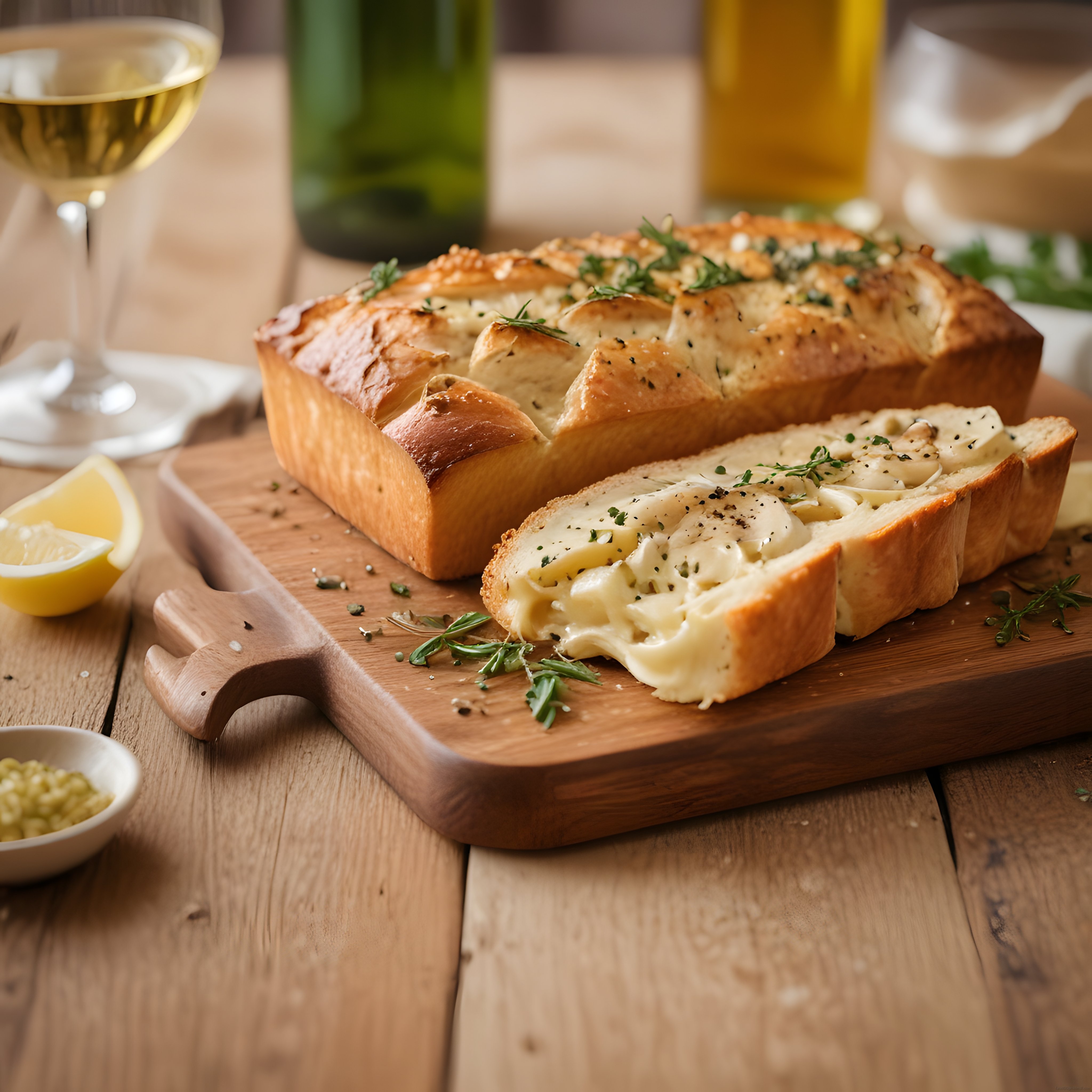 Sarımsaklı Otlu Peynirli Ekmek Dilimleri ve Beyaz Şarap Eşliğinde Sunum