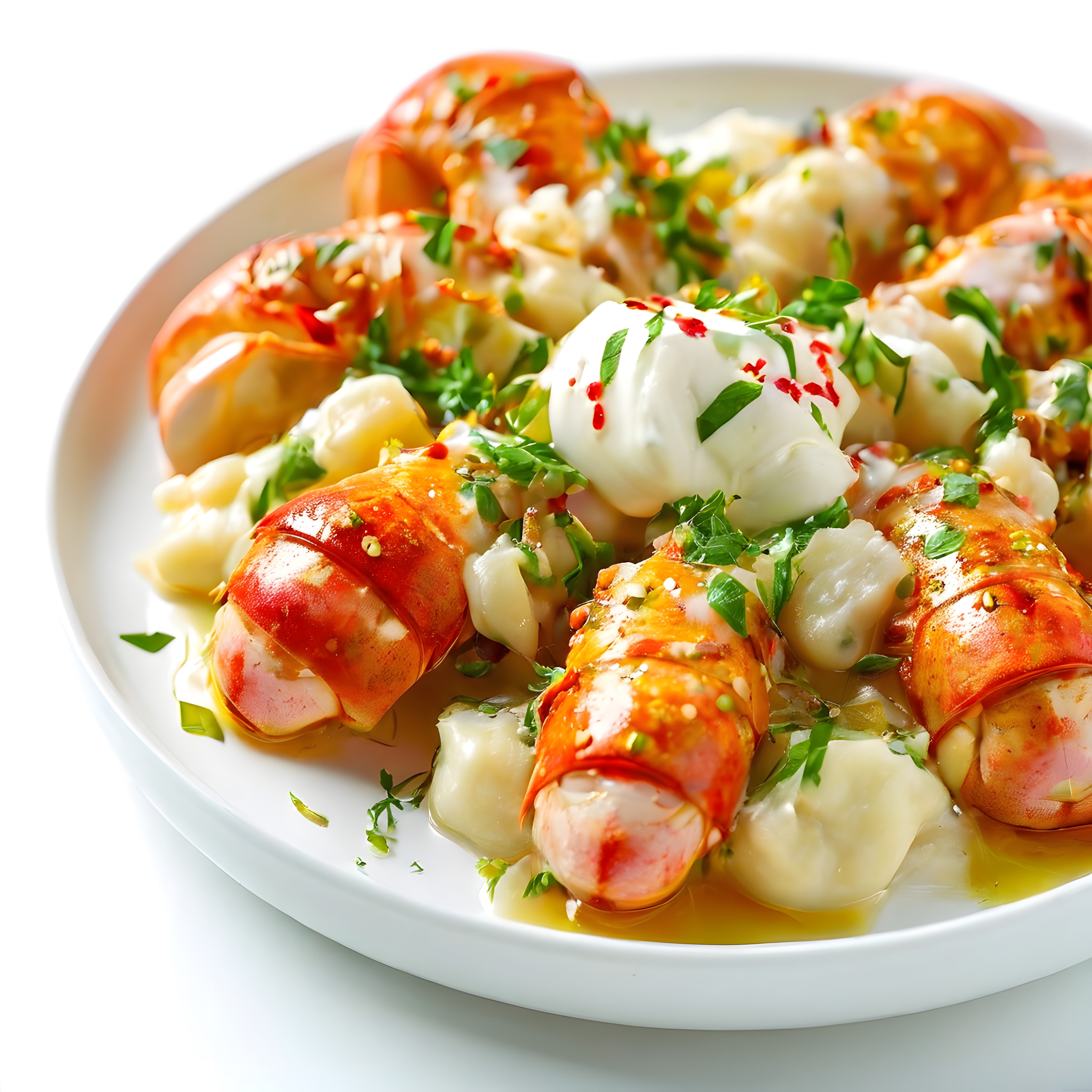 Sarımsaklı Tereyağ Soslu Istakoz Kuyrukları ve Taze Burrata Peyniri Sunumu