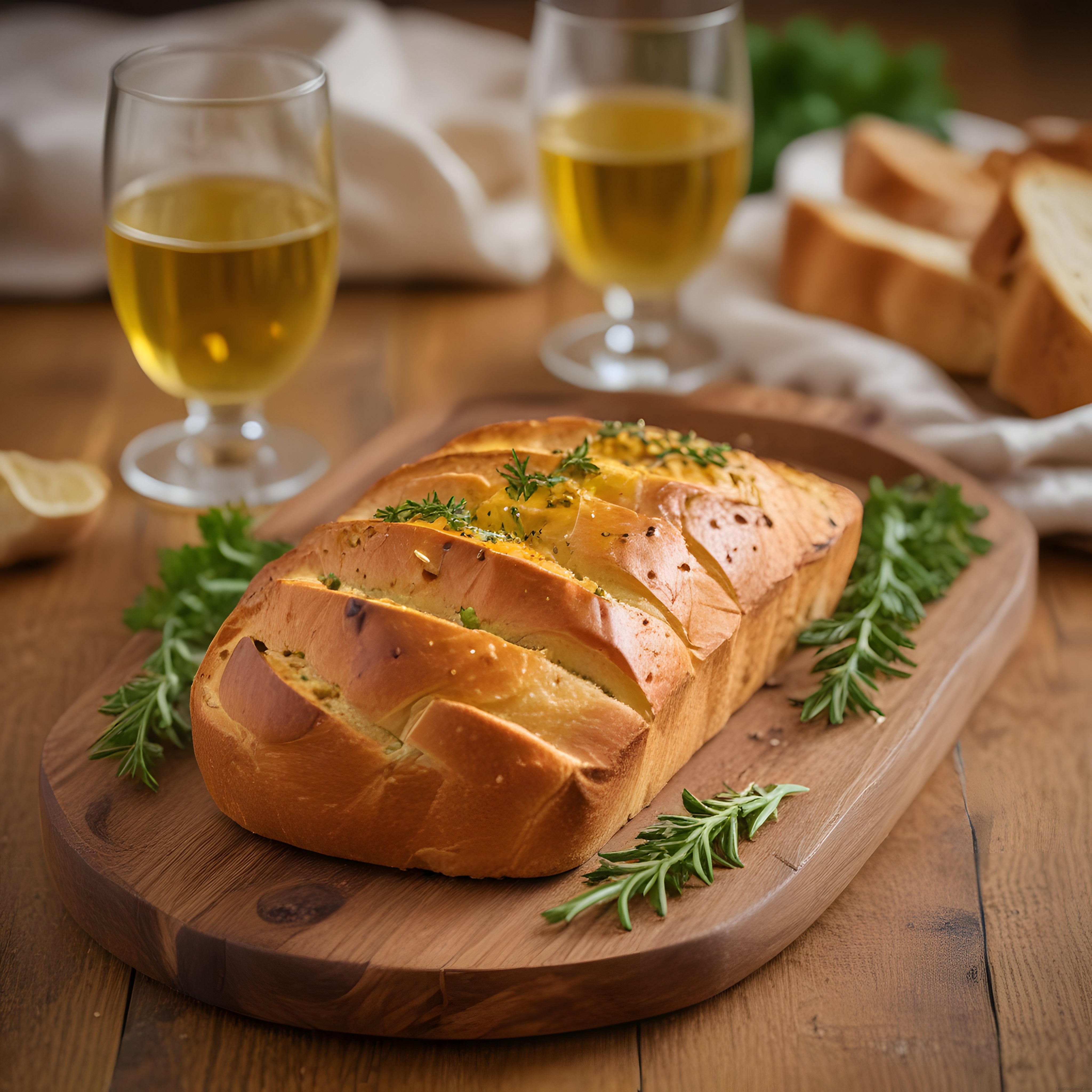 sarımsaklı tereyağlı ekmek ve beyaz şarap eşliğinde rustik masa sunumu