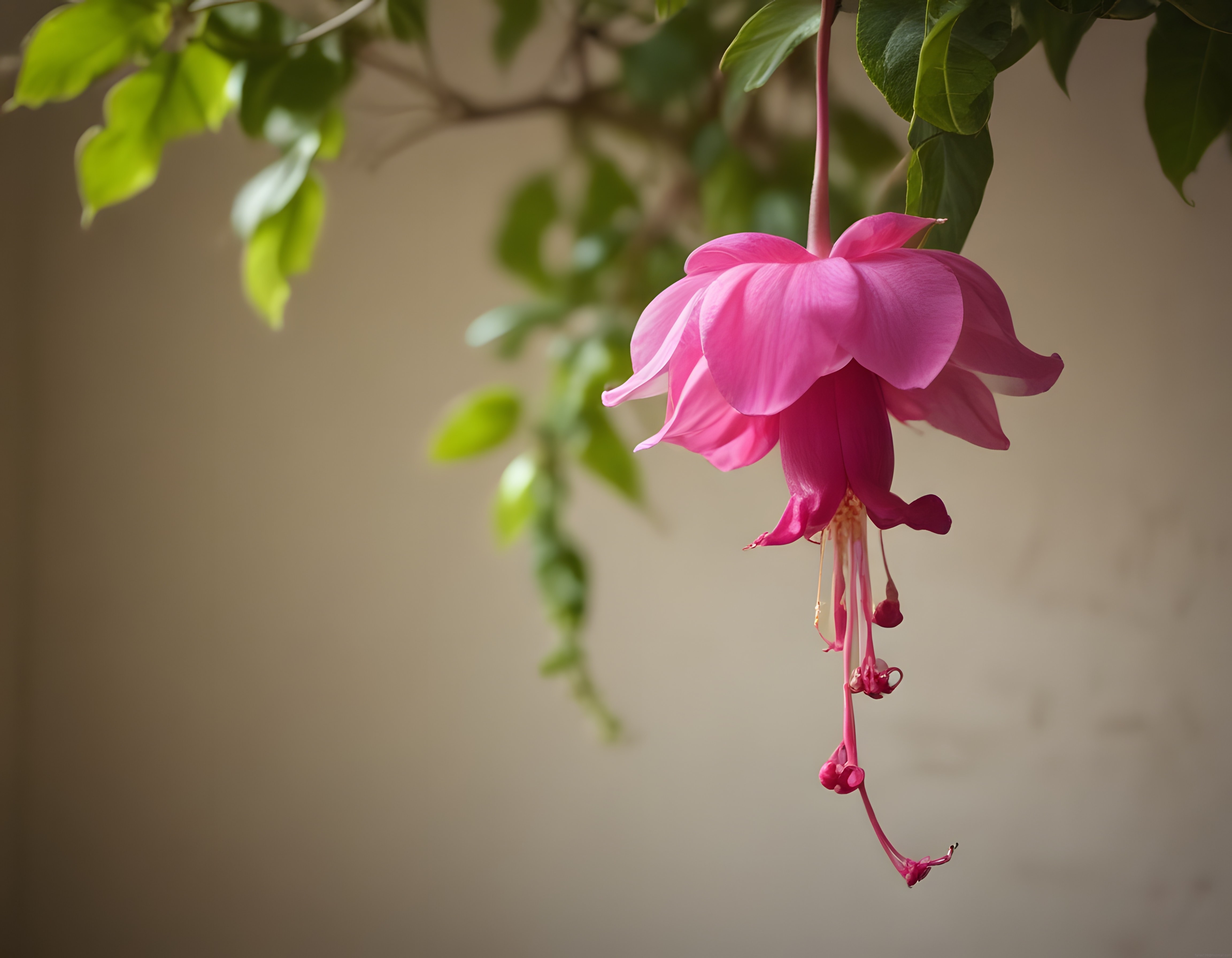 Sarkan pembe füksiya çiçeğinin yumuşak arka planlı makro doğa fotoğrafı