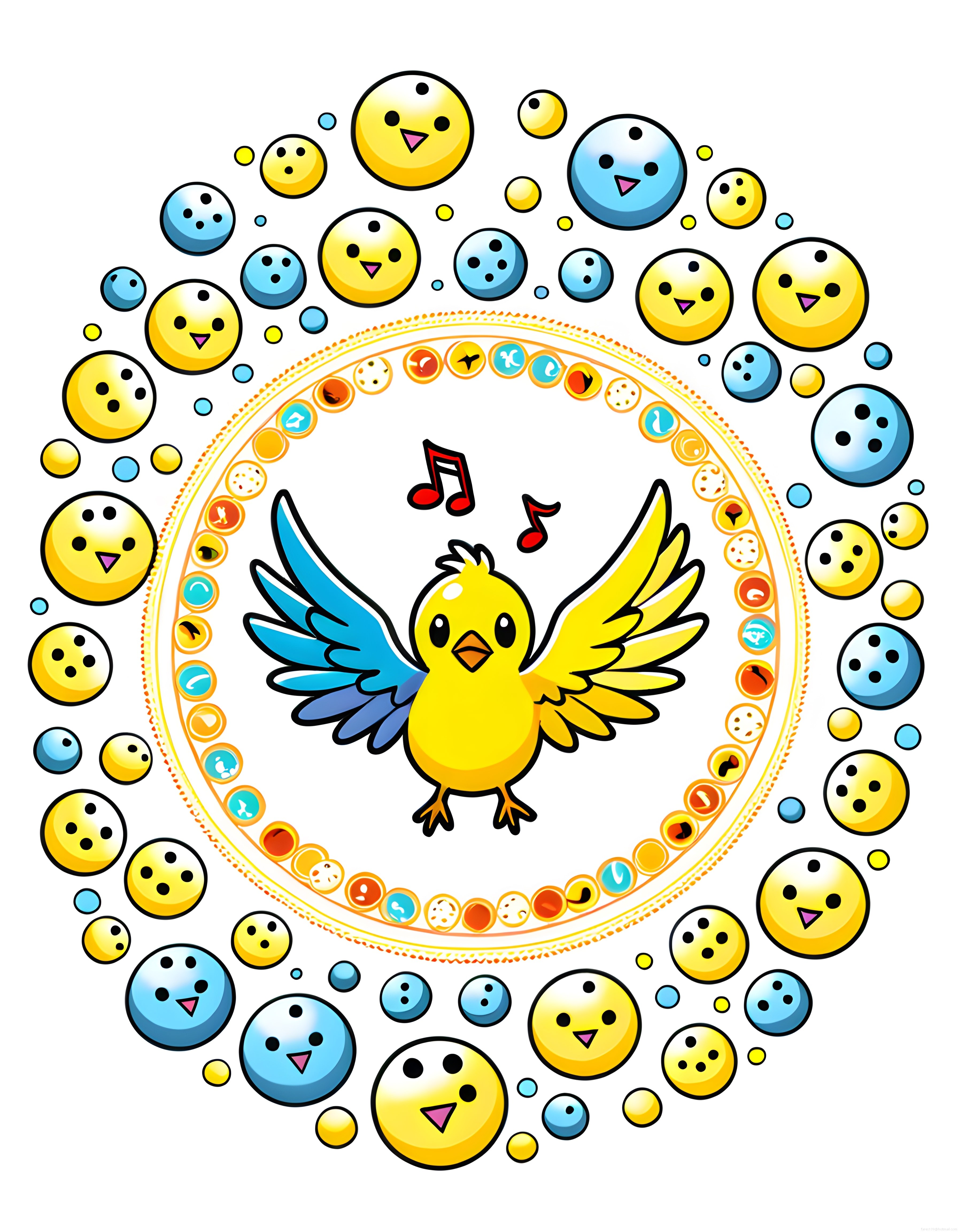 Şarkı Söyleyen Sevimli Sarı Kuş ve Renkli Emoji Kabarcıklı Neşeli Animasyon