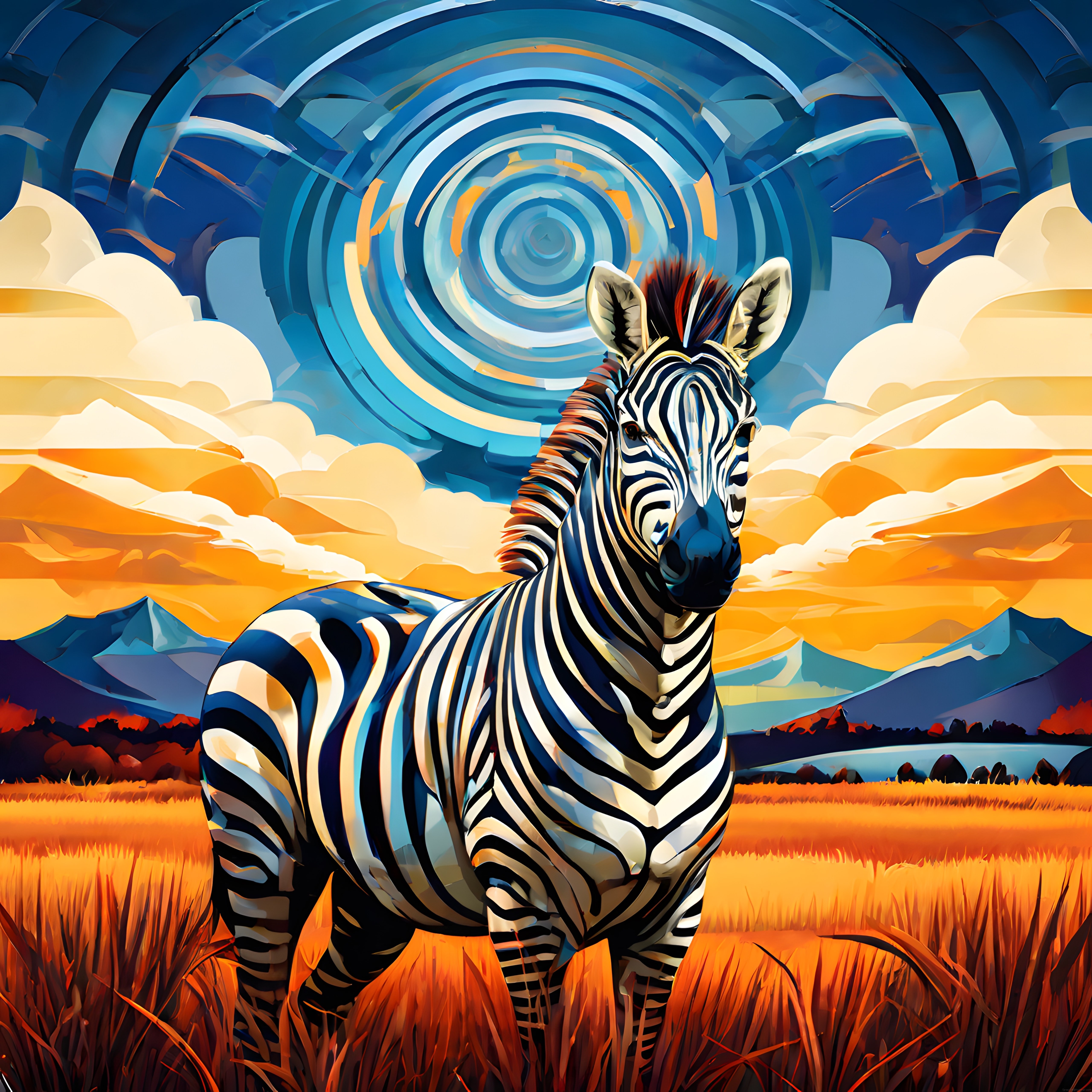 Sarmal Gökyüzü Altında Altın Savan Otlarında Duran Zebra Dijital Tablosu