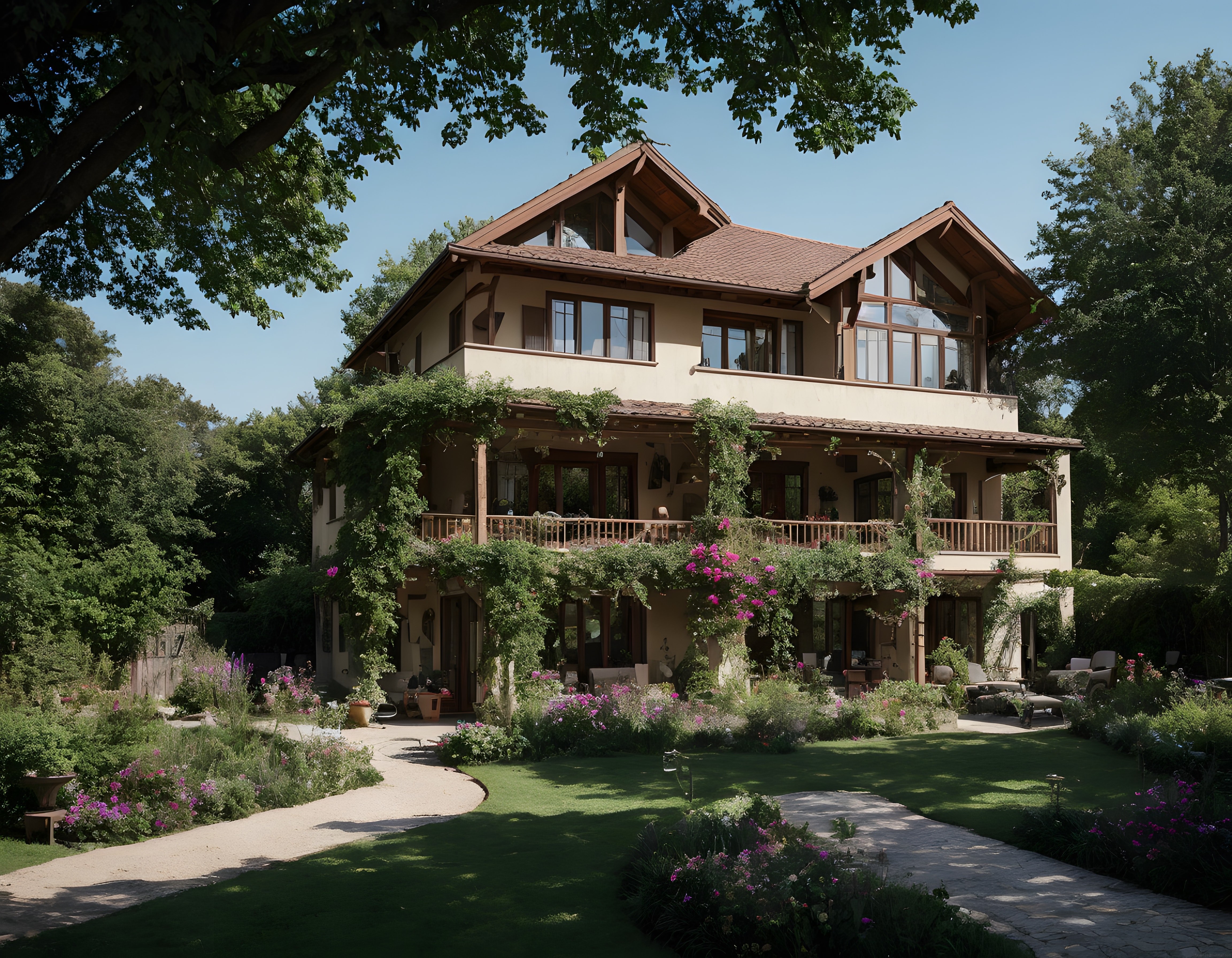 Sarmaşıklarla Çevrili Çiçek Bahçeli ve Teraslı Masalsı Orman Evi