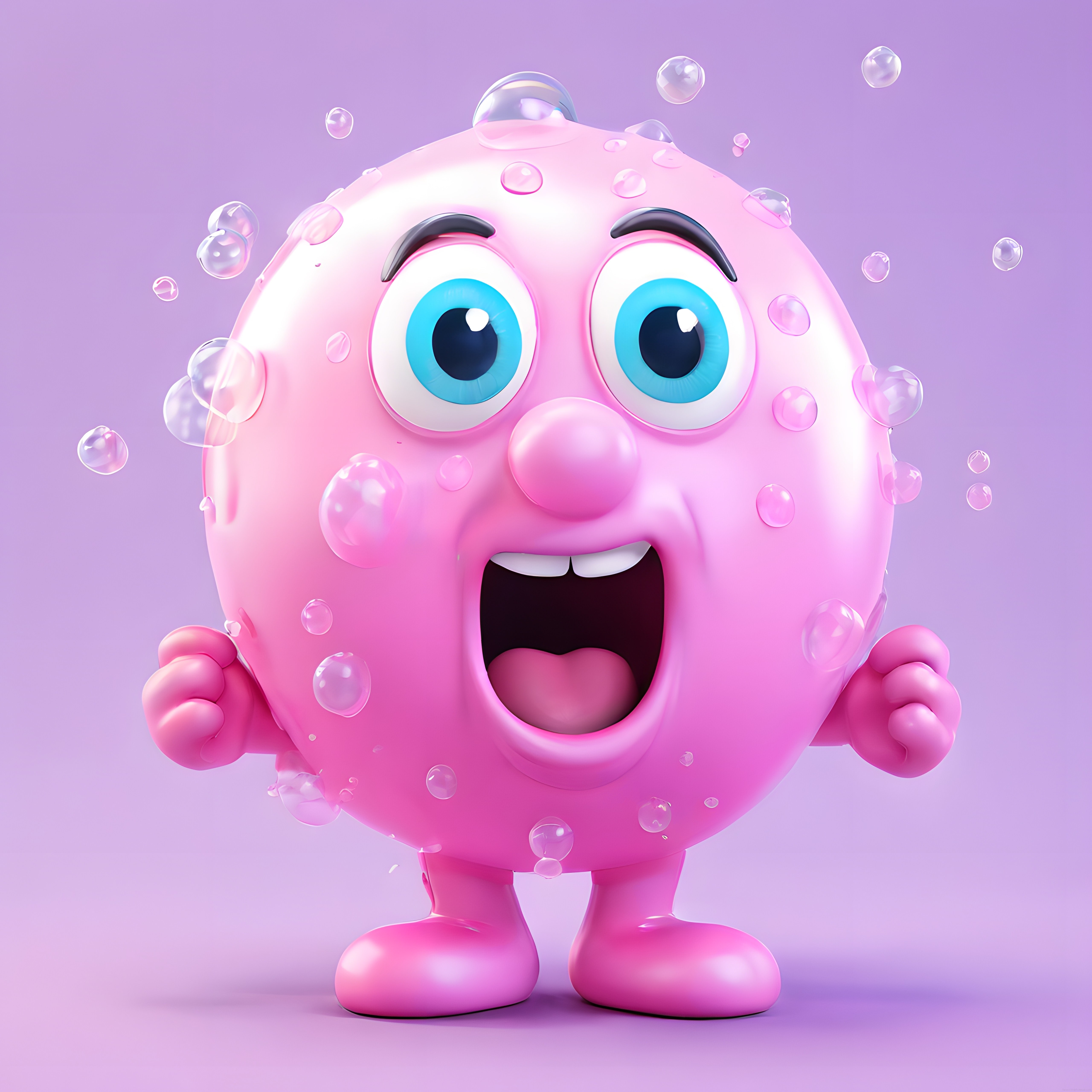 Şaşkın bakışlı pembe köpük karakterin baloncuklu 3D animasyon dünyası