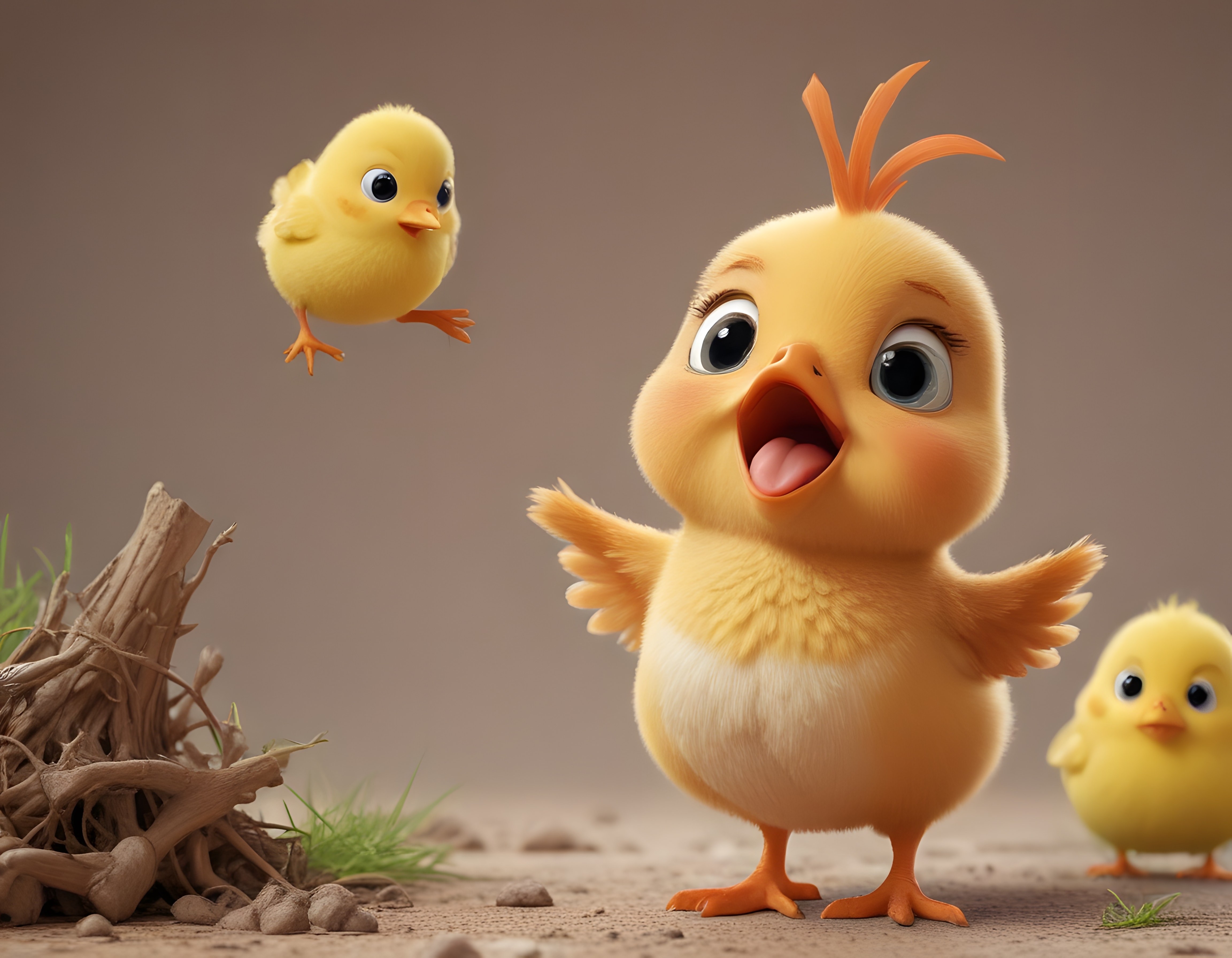 Şaşkın civcivin neşeli anıları: Sevimli 3D animasyon karakterleri ve doğal ortam