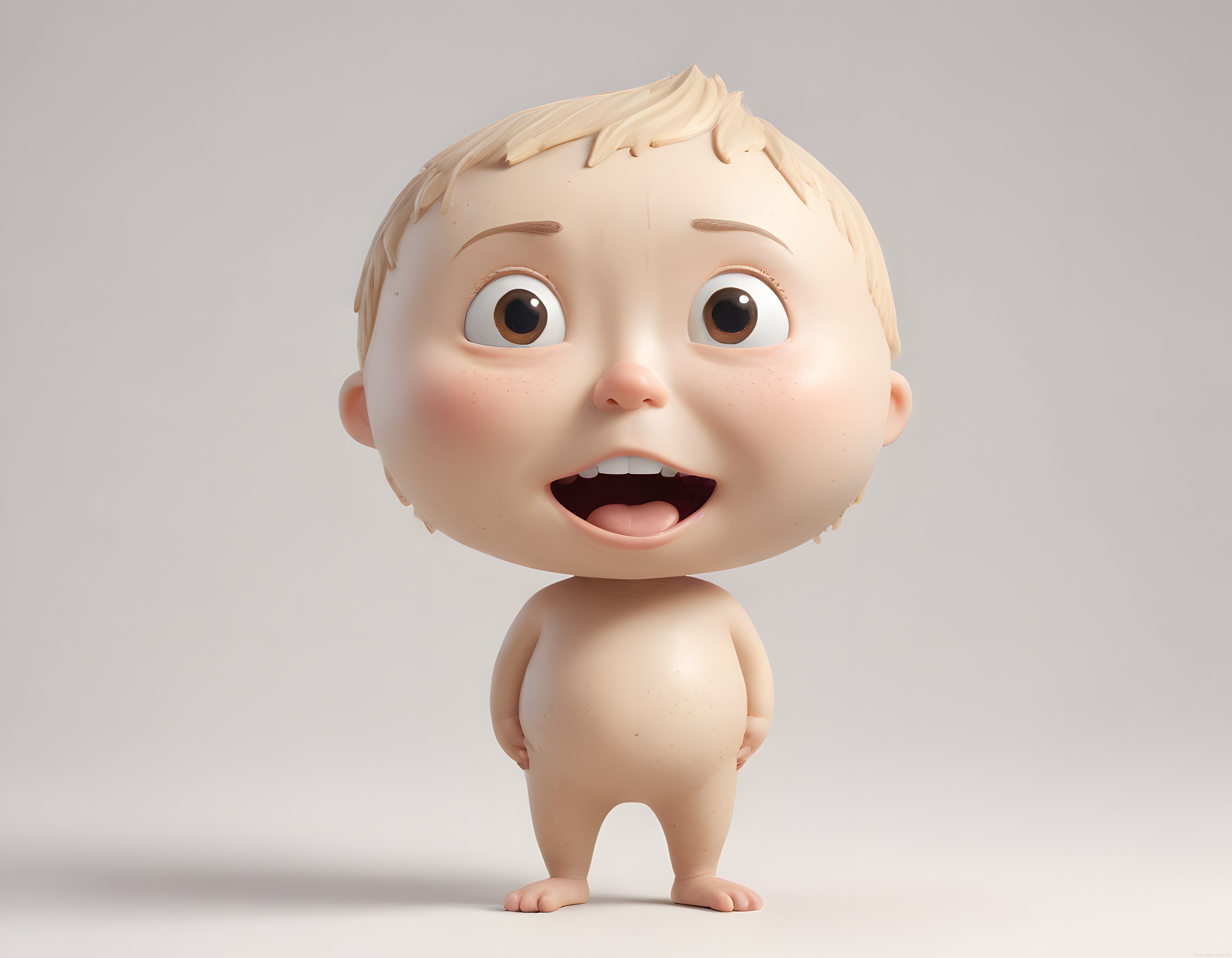 şaşkın ifadeli büyük kafalı 3d animasyon bebek karakteri komik tasarım