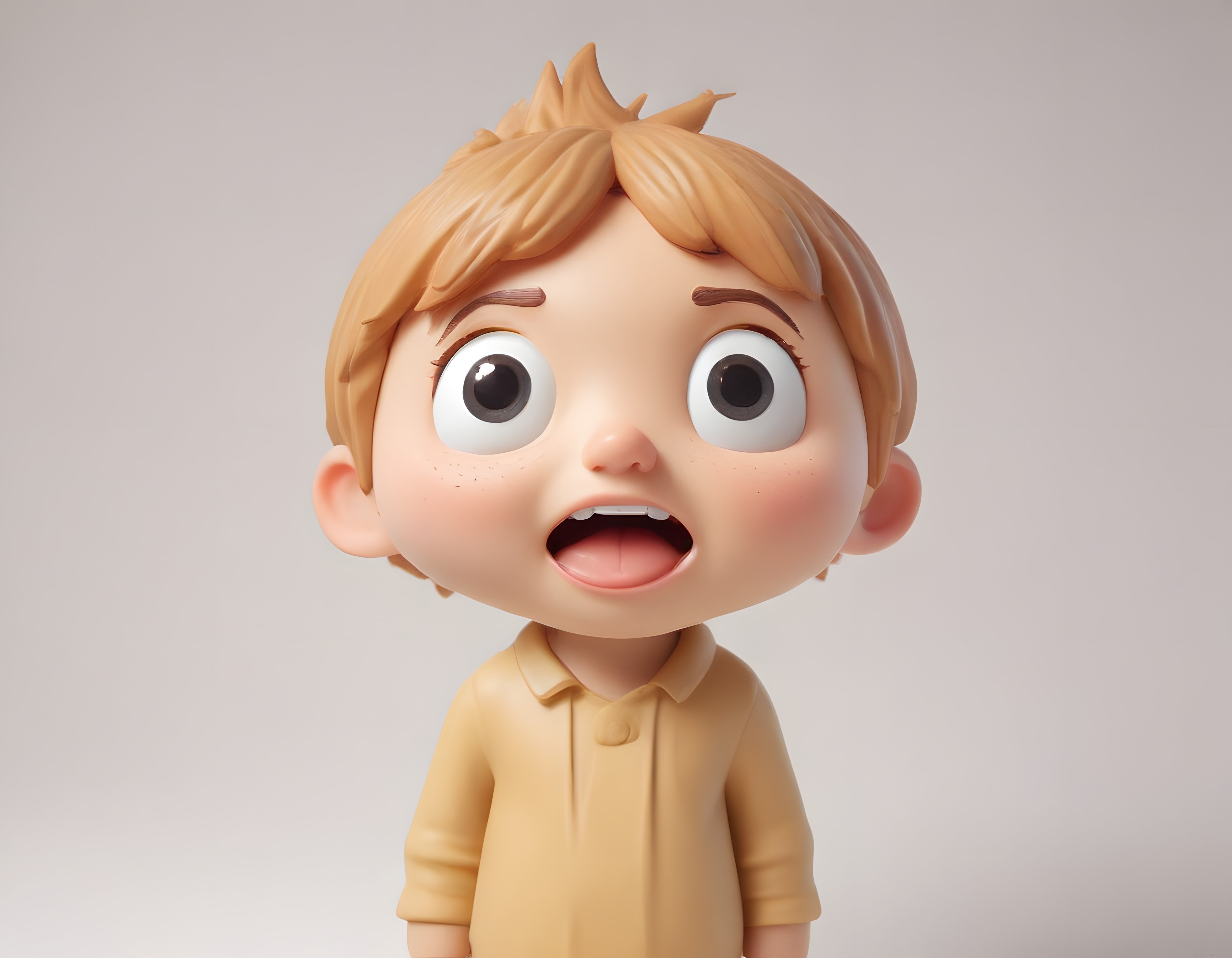 Şaşkınlık içindeki 3D animasyon çocuk karakterinin sarsılmış yüz ifadesi