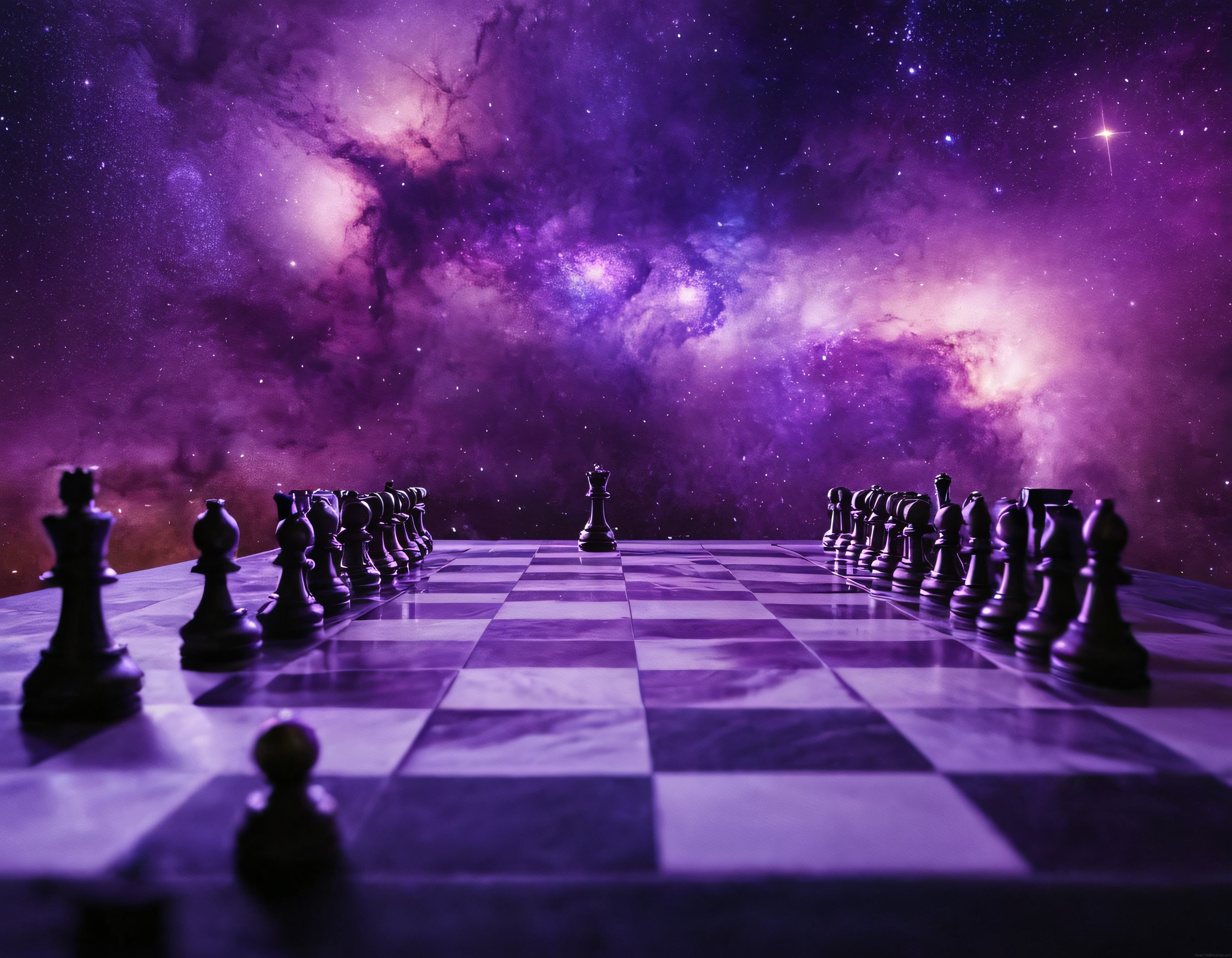 Satranç Tahtası ve Mor Galaksi Arka Planı: Kozmik Strateji Oyun Tasarımı