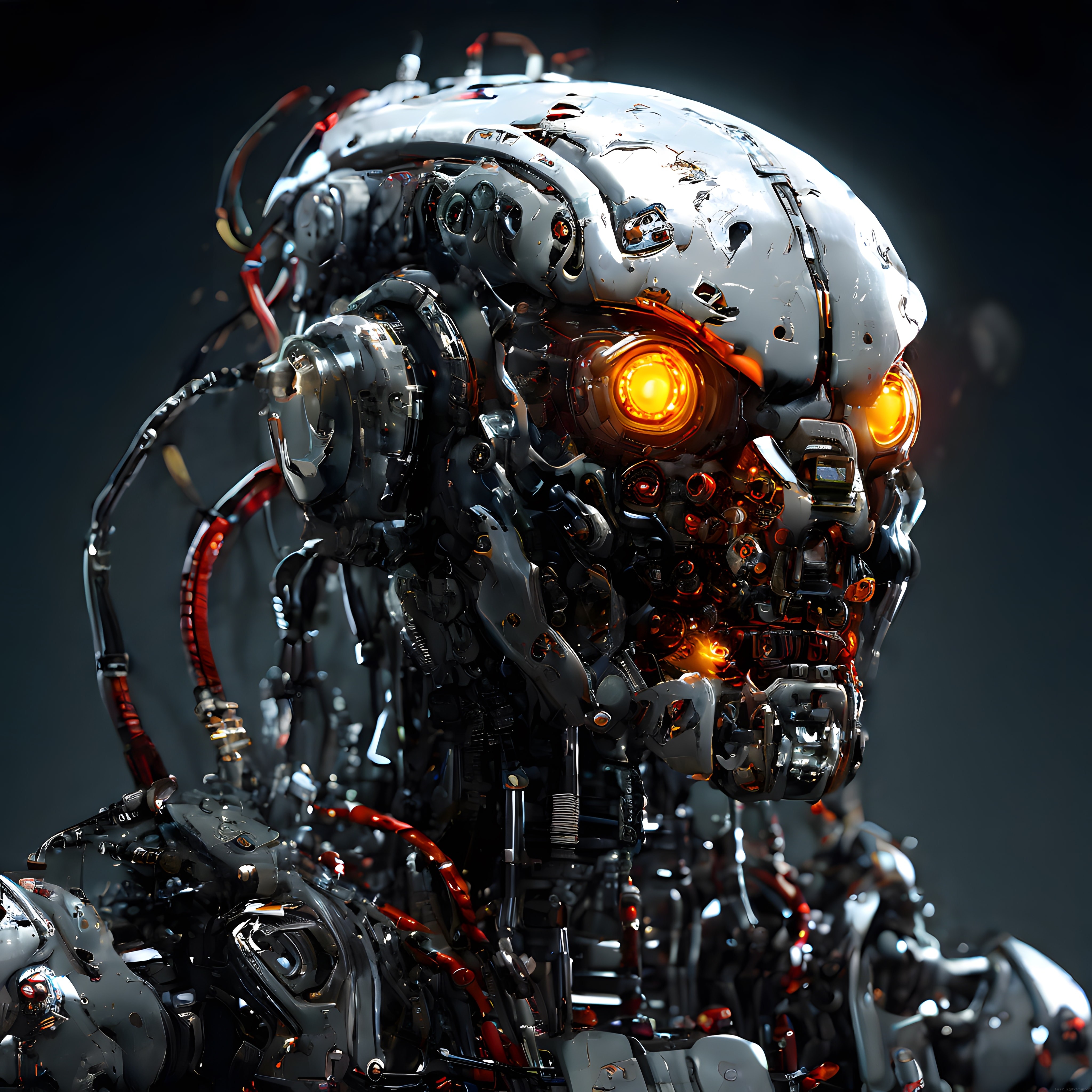 Savaş Hasarlı Beyaz Zırhlı Robot ve Parlayan Amber Gözlü Distopik Mekanik Portre