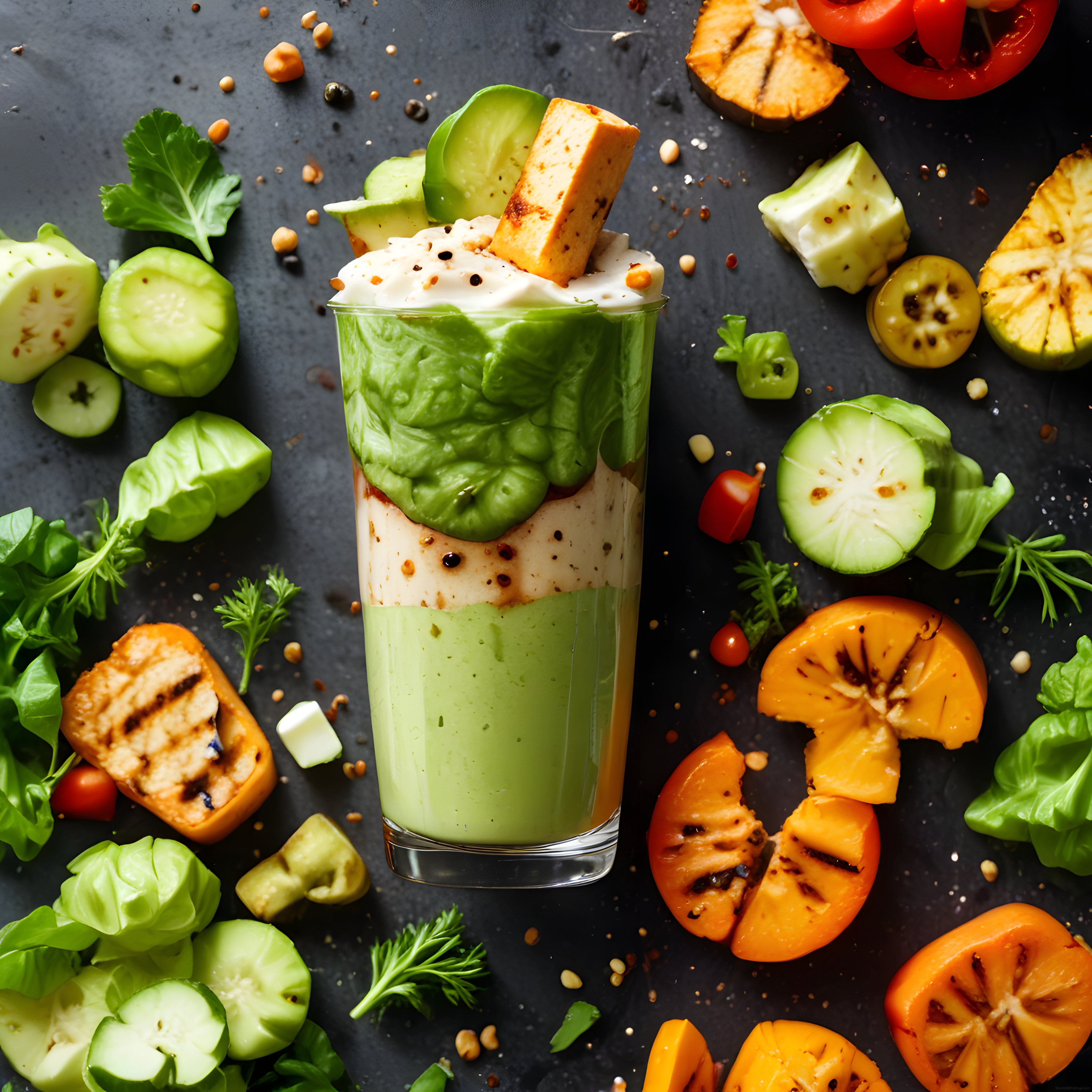 Sebze ve yeşilliklerle hazırlanmış yeşil smoothie bardağı ve çevresindeki taze malzemeler