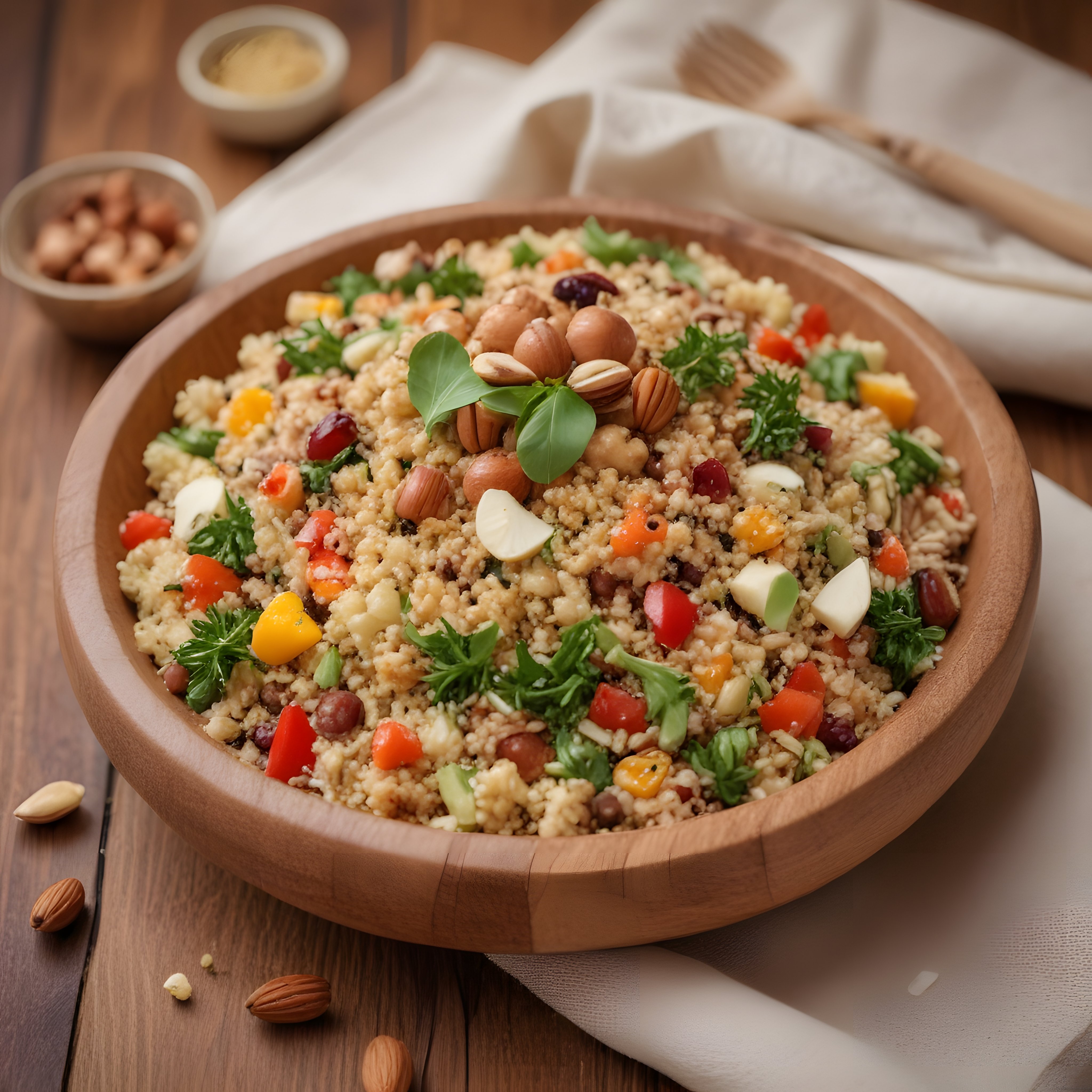 Sebzeli, fındıklı ve fıstıklı bulgur salatası ahşap kasede