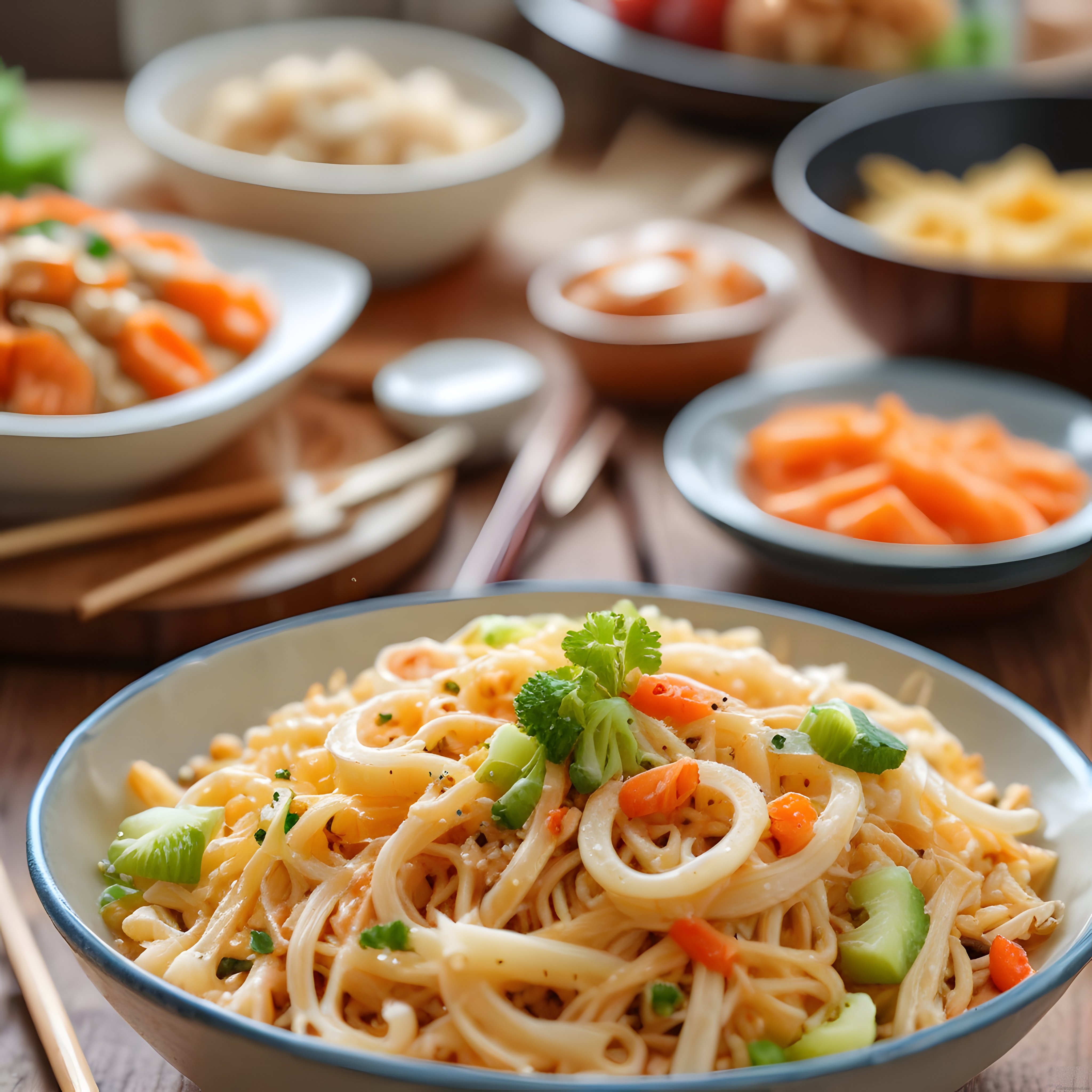 Sebzeli Noodle Kasesi ve Ahşap Masada Asya Mutfağından Lezzetler