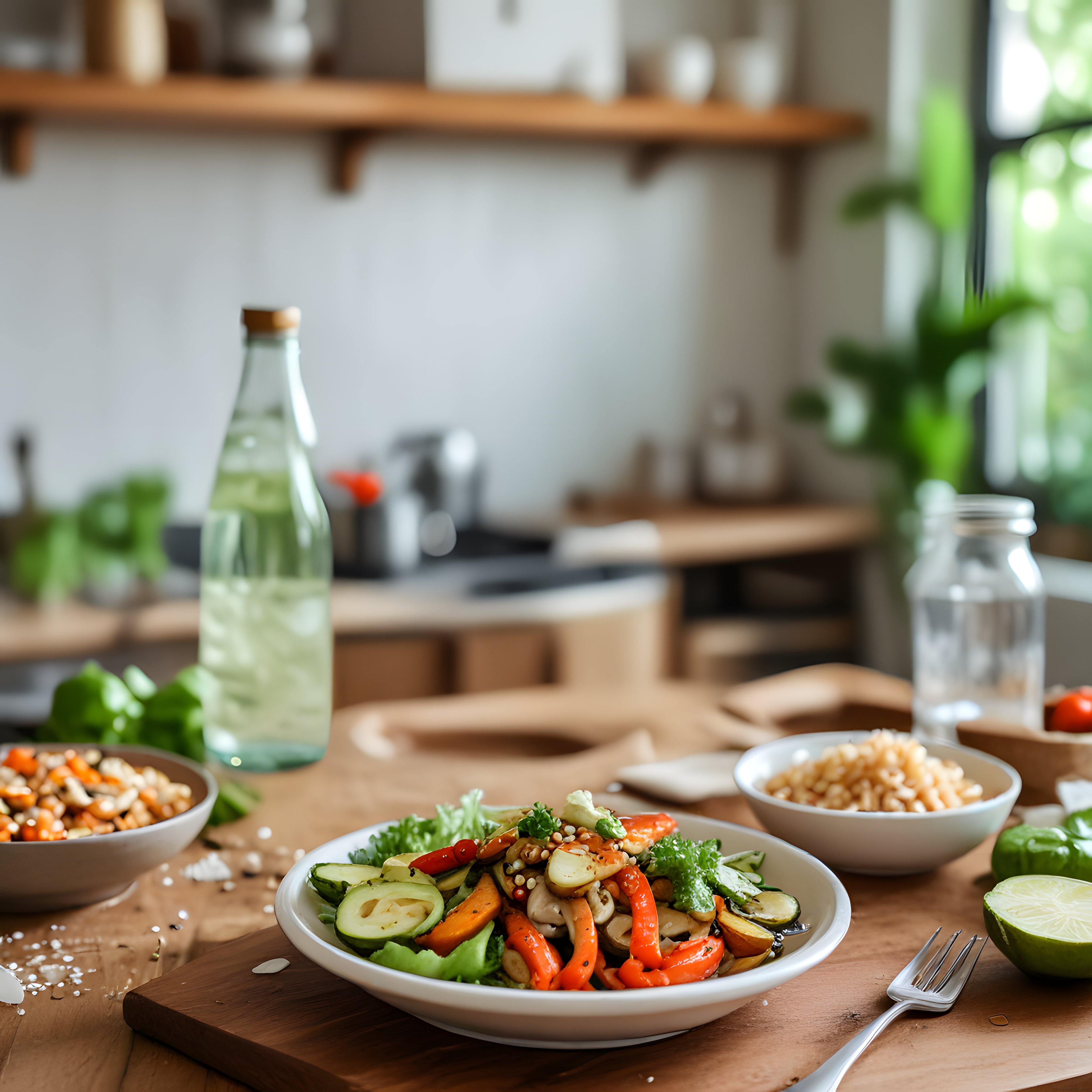 Sebzeli salata ve tahıl kasesi ahşap masada