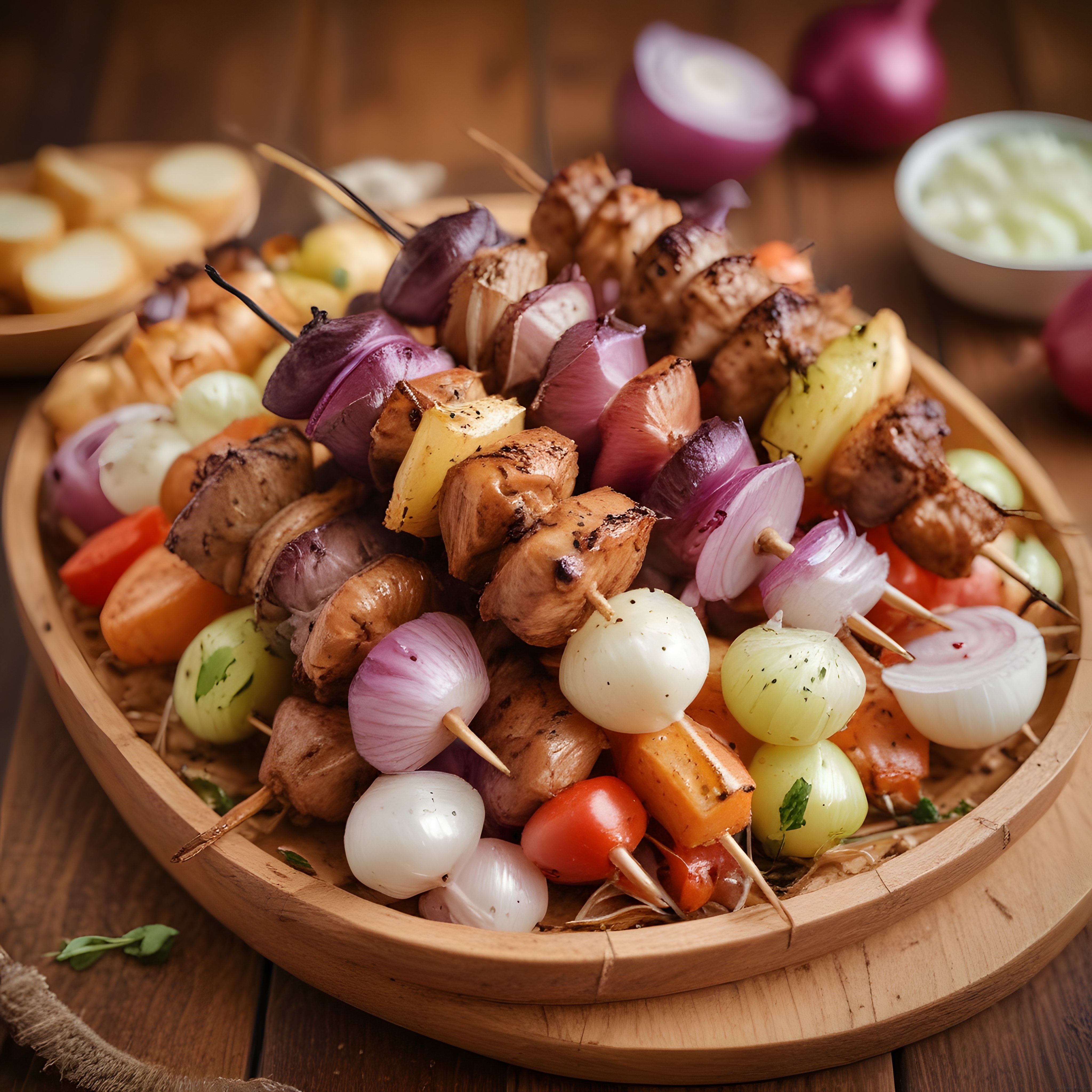 sebzeli şiş kebap ahşap sunum yanında ızgara patates ve dip sos