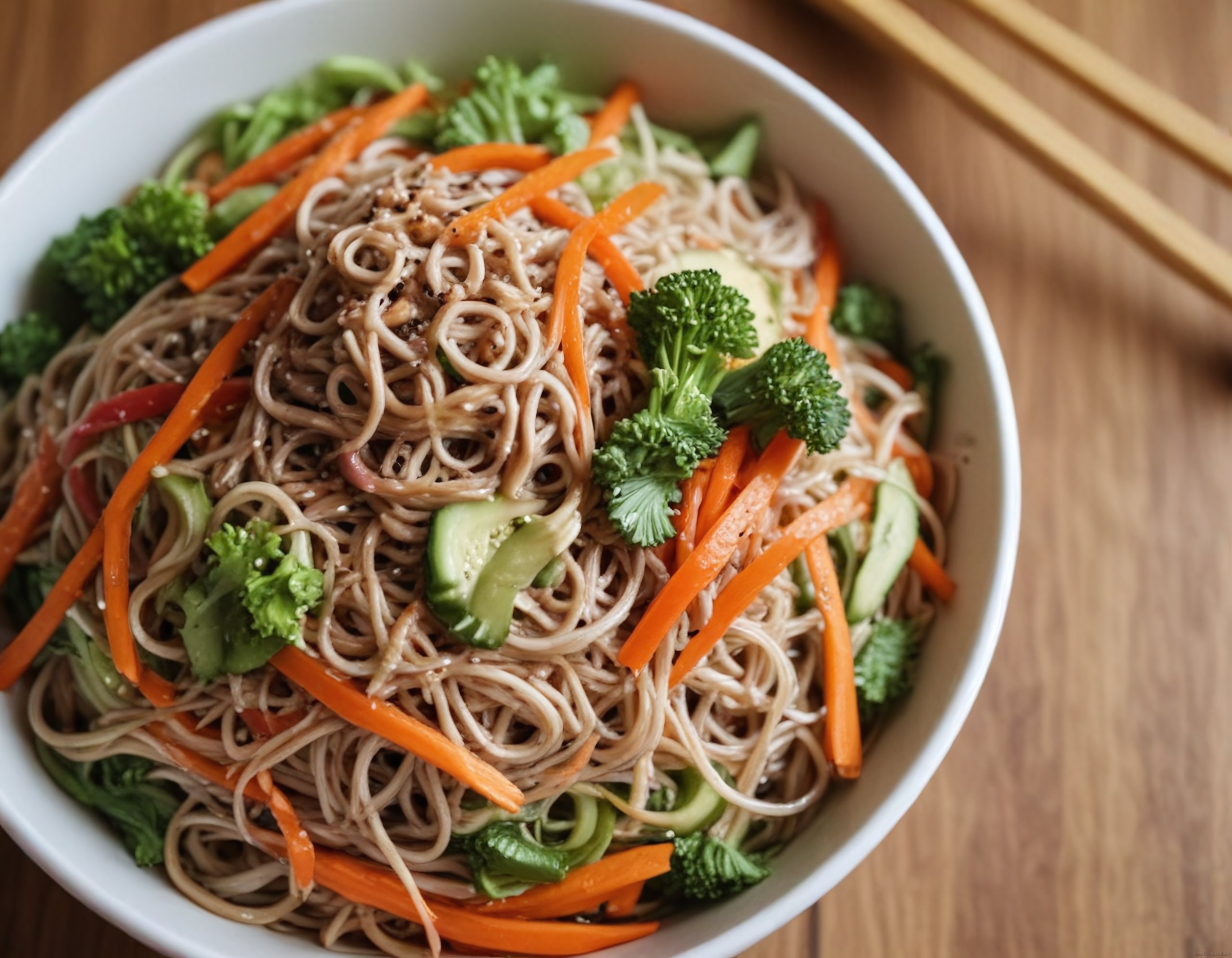 Sebzeli soba noodle salatası ve ahşap masa üzerindeki yemek çubukları