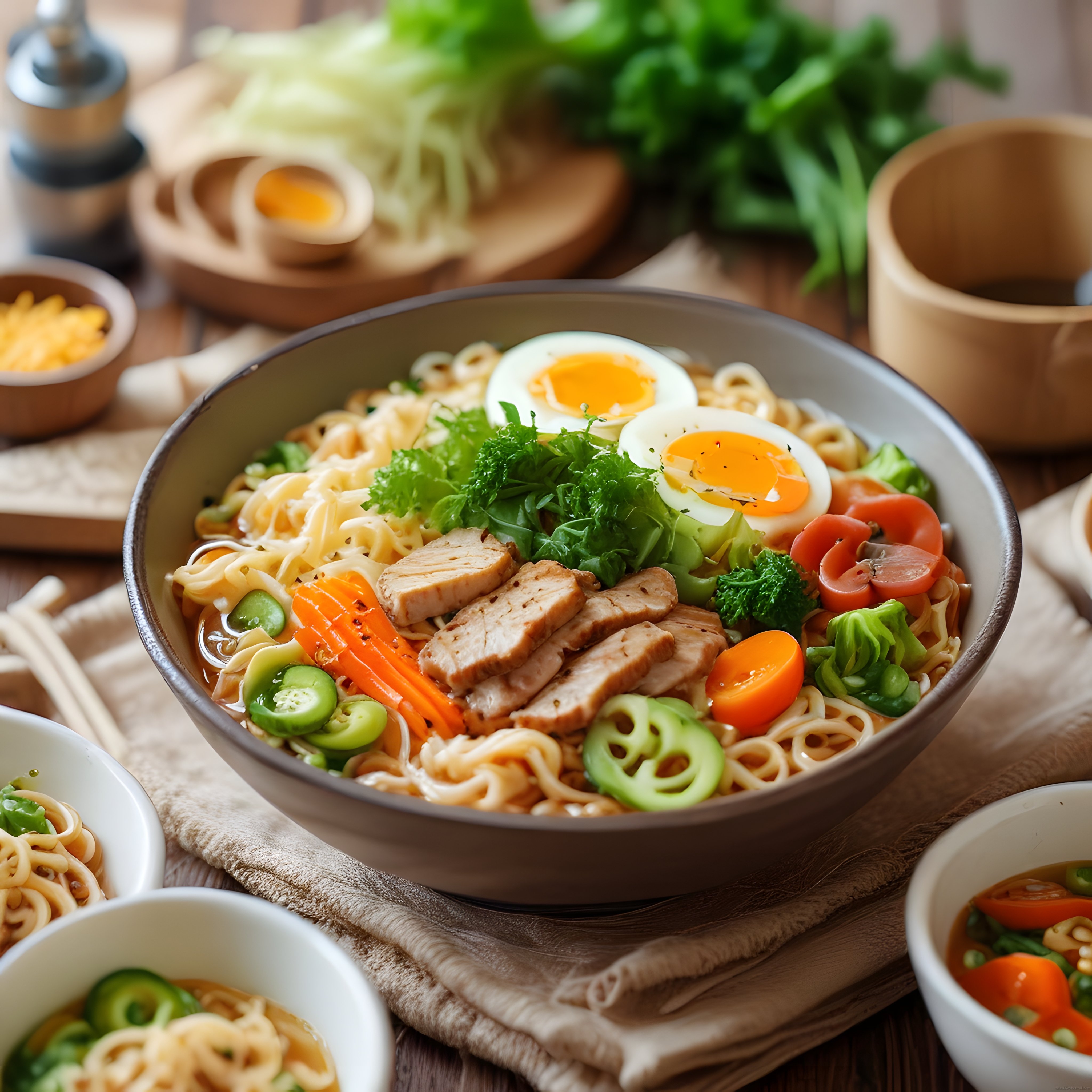 Sebzeli ve Haşlanmış Yumurtalı Geleneksel Ramen Noodle Çorbası Sunumu