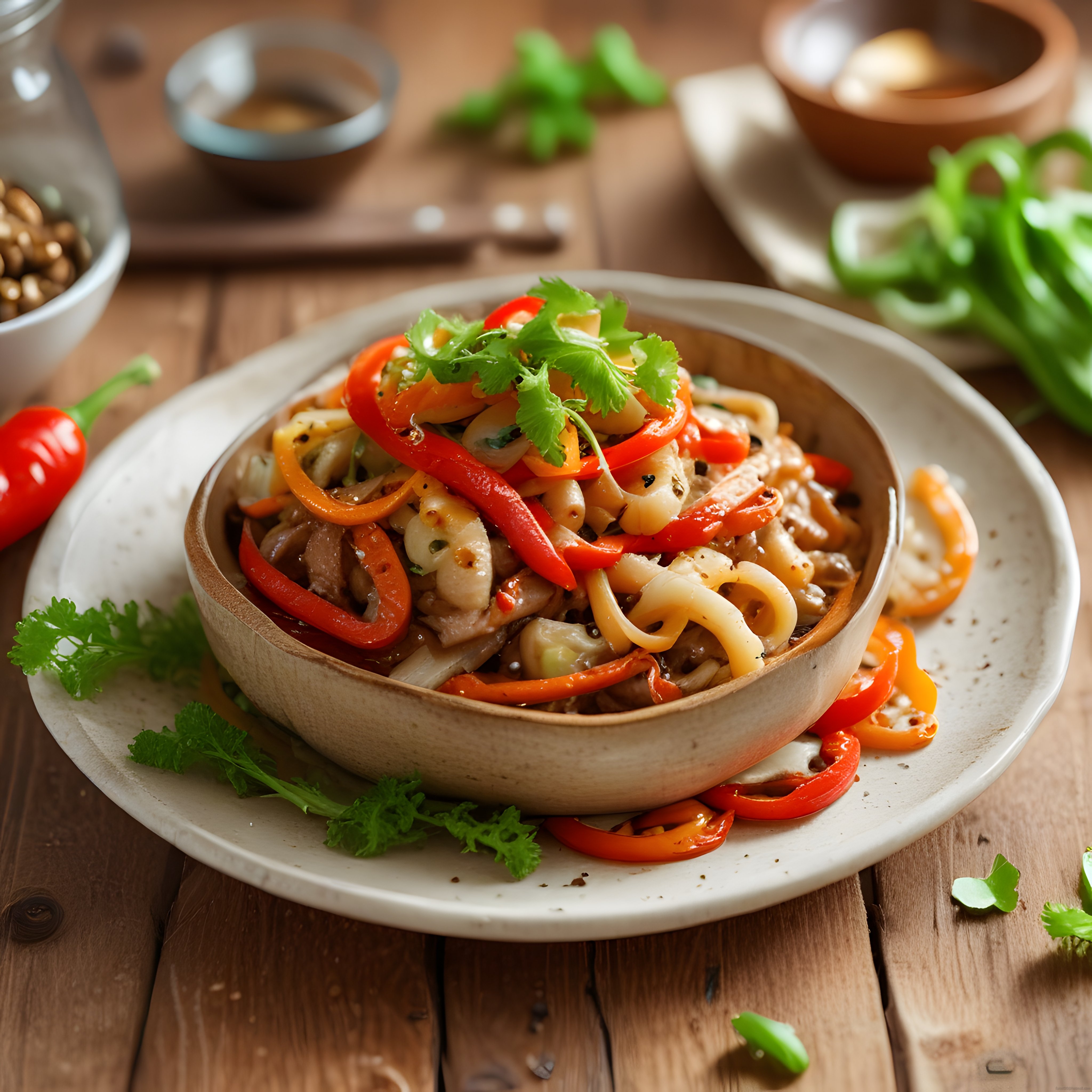 Sebzeli ve Kişnişli Asya Usulü Noodle Kasesi Ahşap Masada Servis