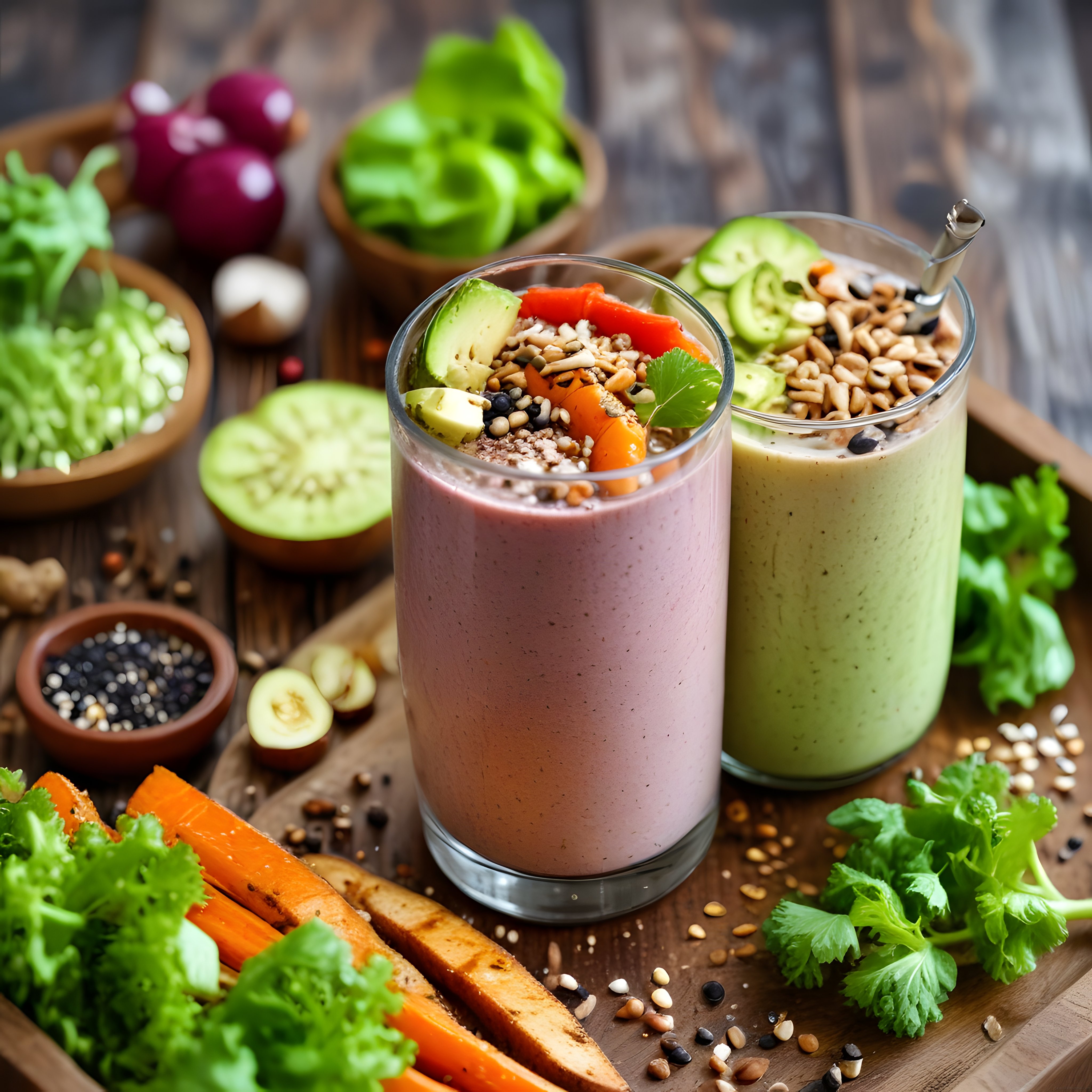 Sebzeli ve Tohumlu Sağlıklı Smoothie Bardakları ile Besleyici Bir Mutfak Sunumu