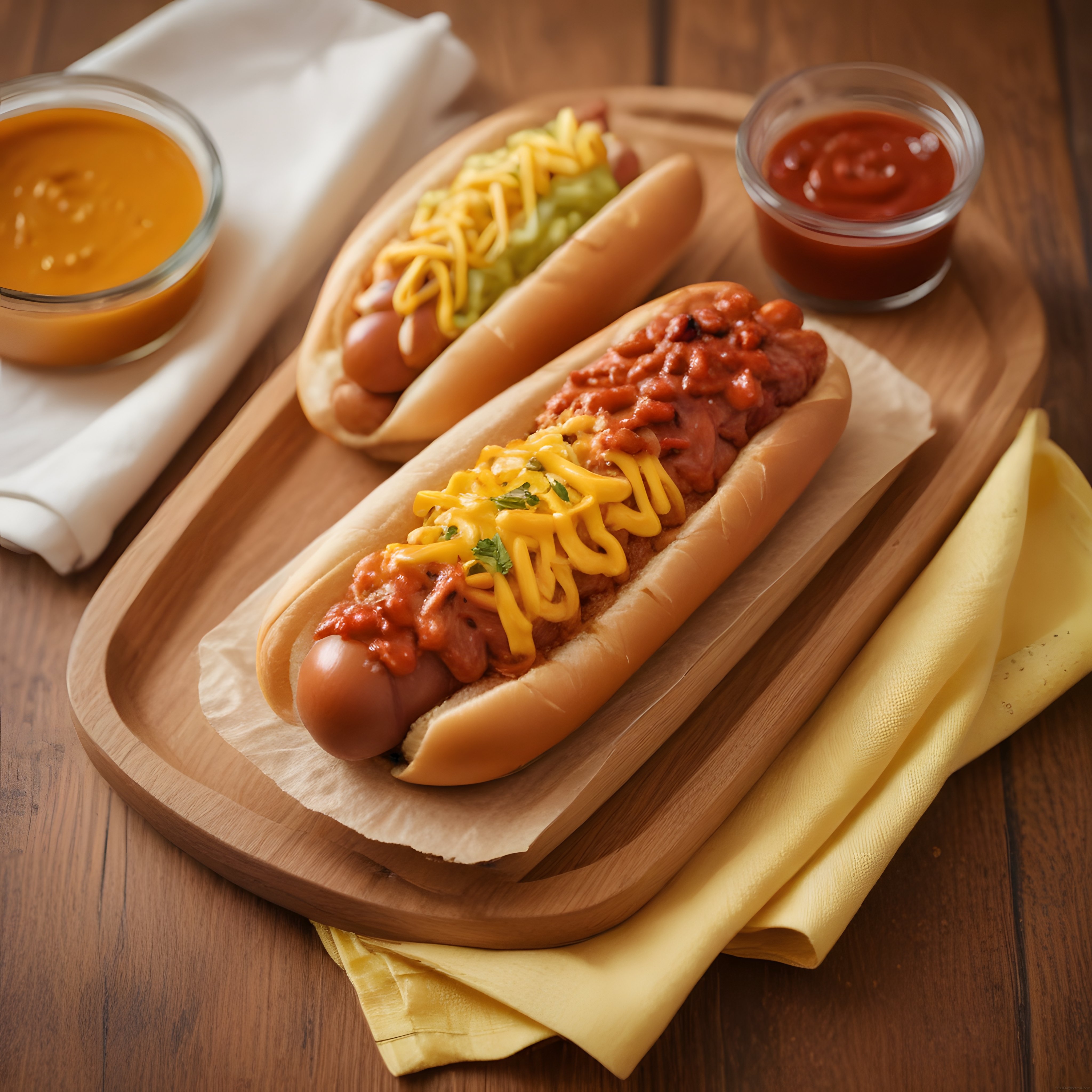 Seçkin Soslarla Süslenmiş Çift Hot Dog ve Eşsiz Ahşap Sunum Tabağı