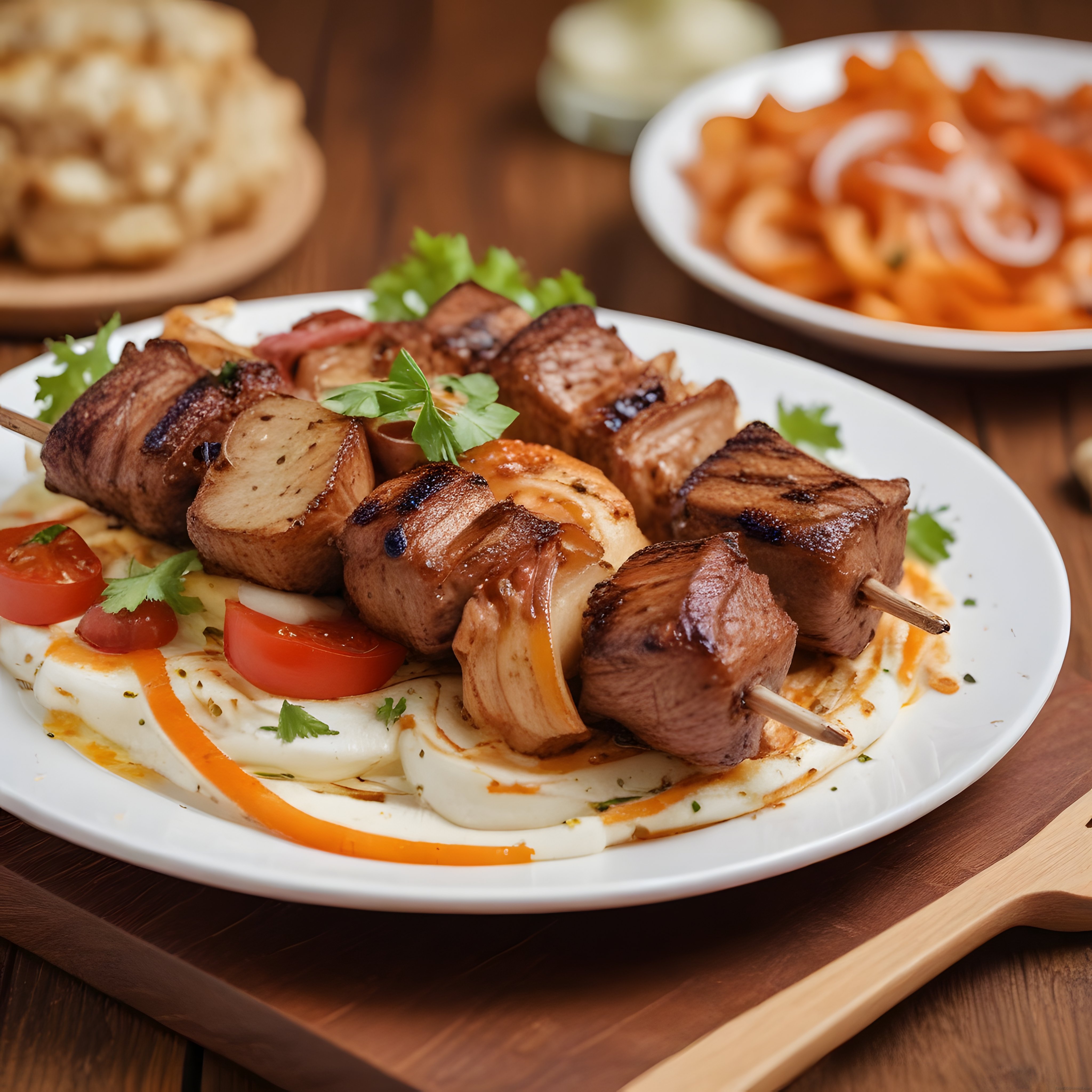 Şef Usulü Izgara Şiş Kebap, Yoğurt Sos ve Domatesli Rustik Ahşap Sunum