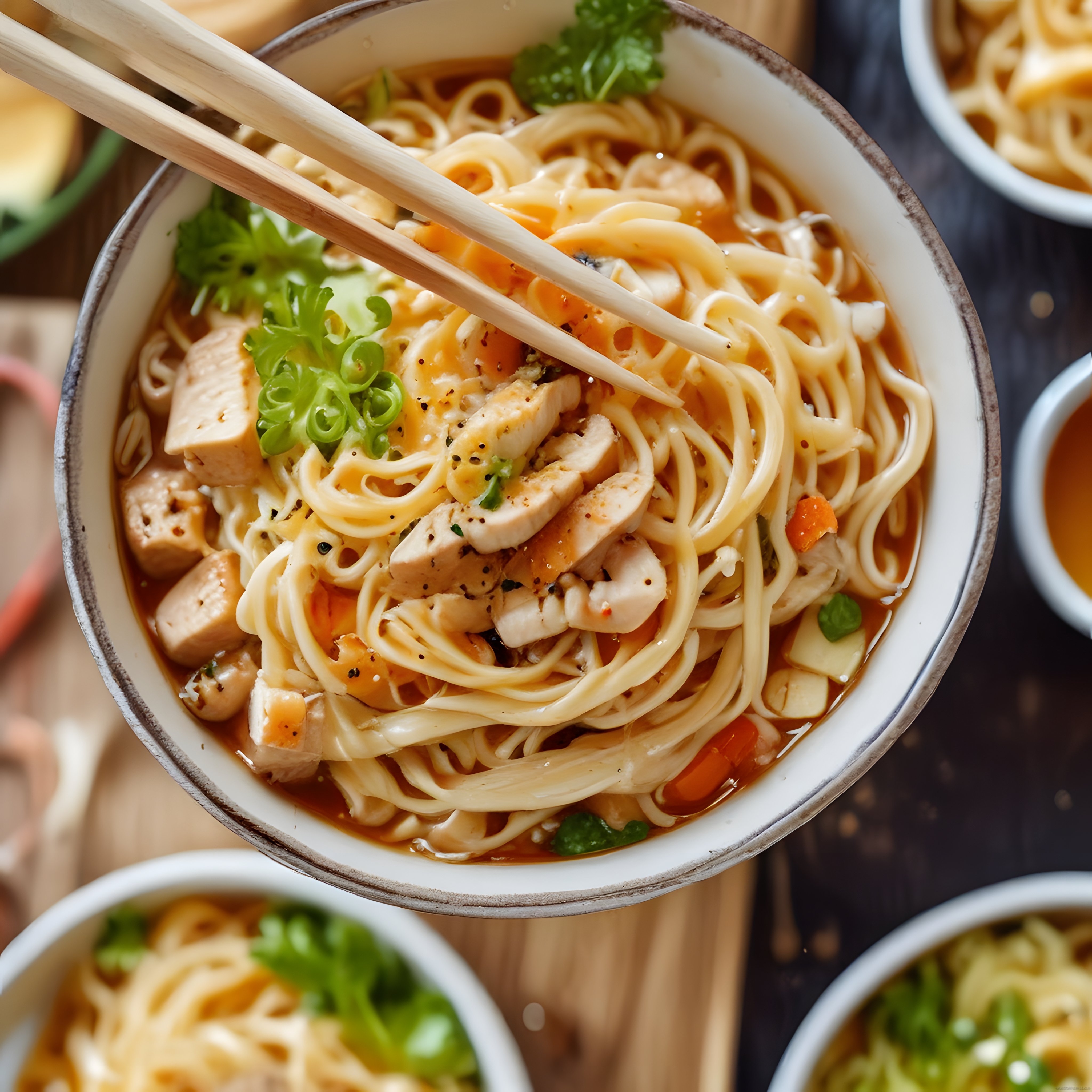 Şef Usulü Tavuklu Noodle Çorbası, Baharatlı Sos ve Taze Yeşilliklerle