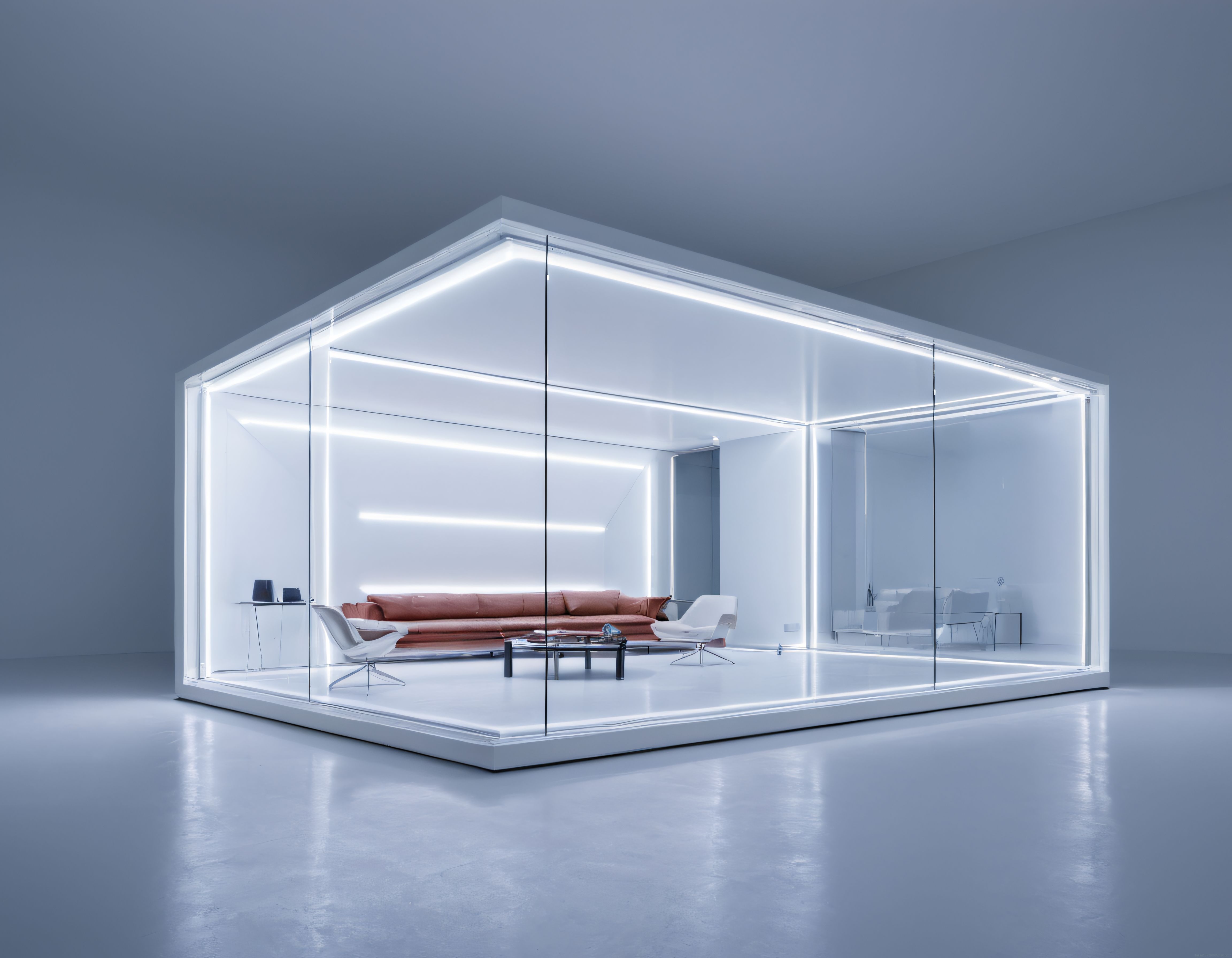 Şeffaf Cam Duvarlı Küp Yapıda LED Şeritli Modern Salon Tasarımı