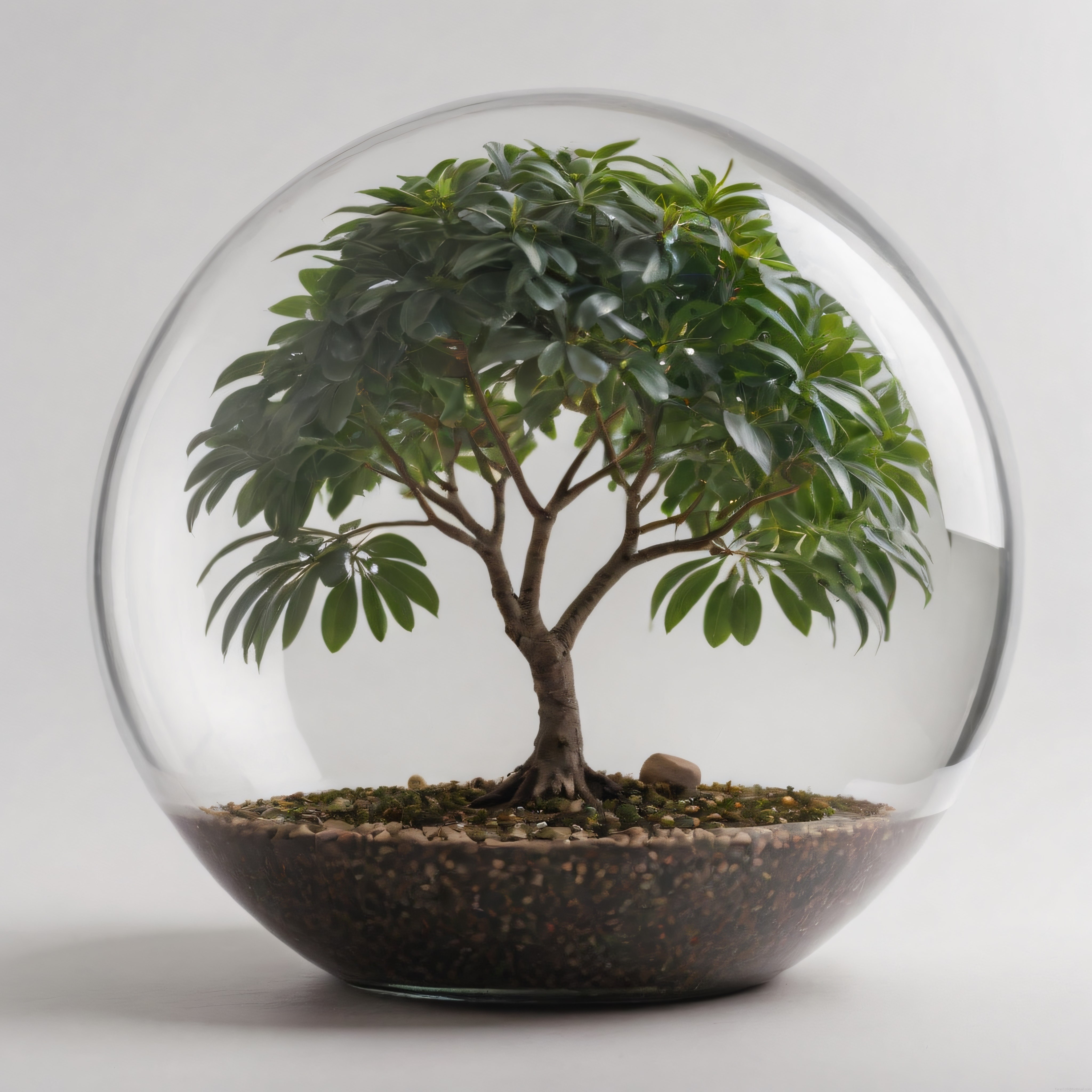 Şeffaf cam fanus içinde minyatür ağaç terrarium düzenlemesi ve ev dekoru