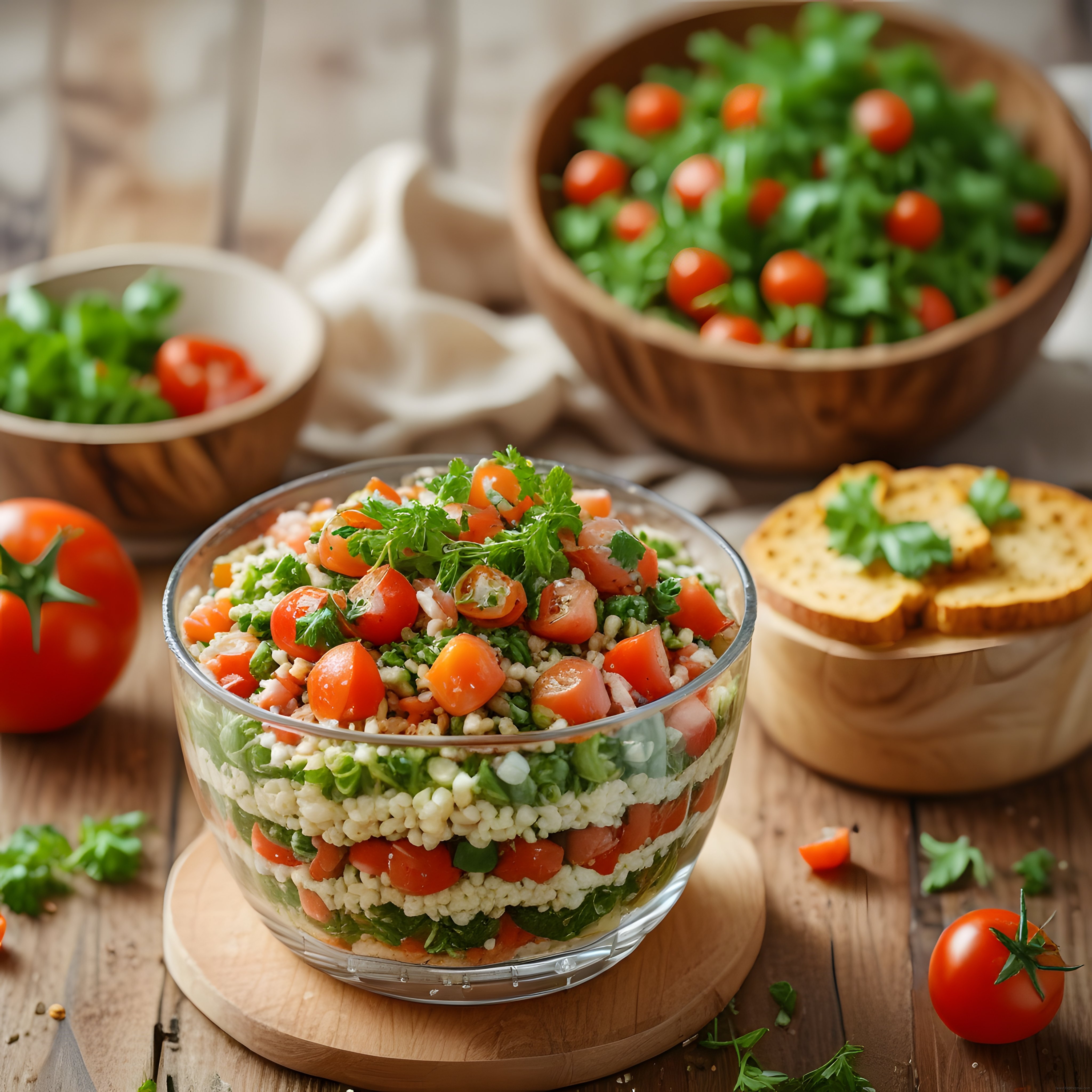 Şeffaf Cam Kasede Katmanlı Bulgur Salatası ve Taze Sebzeler Tarifi