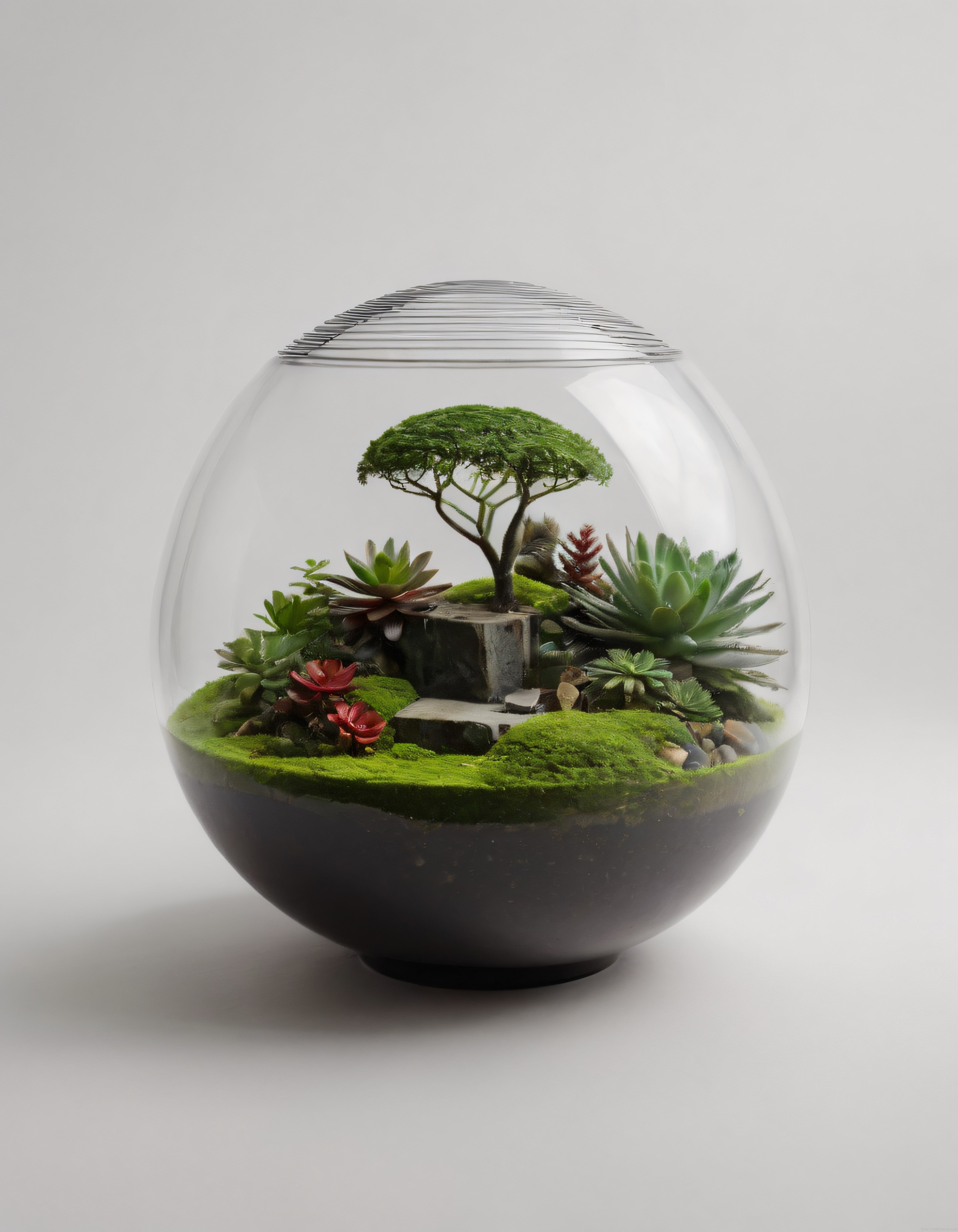 Şeffaf Cam Kürede Yosun ve Sukulentlerle Süslenmiş Minyatür Bahçe Terrarium