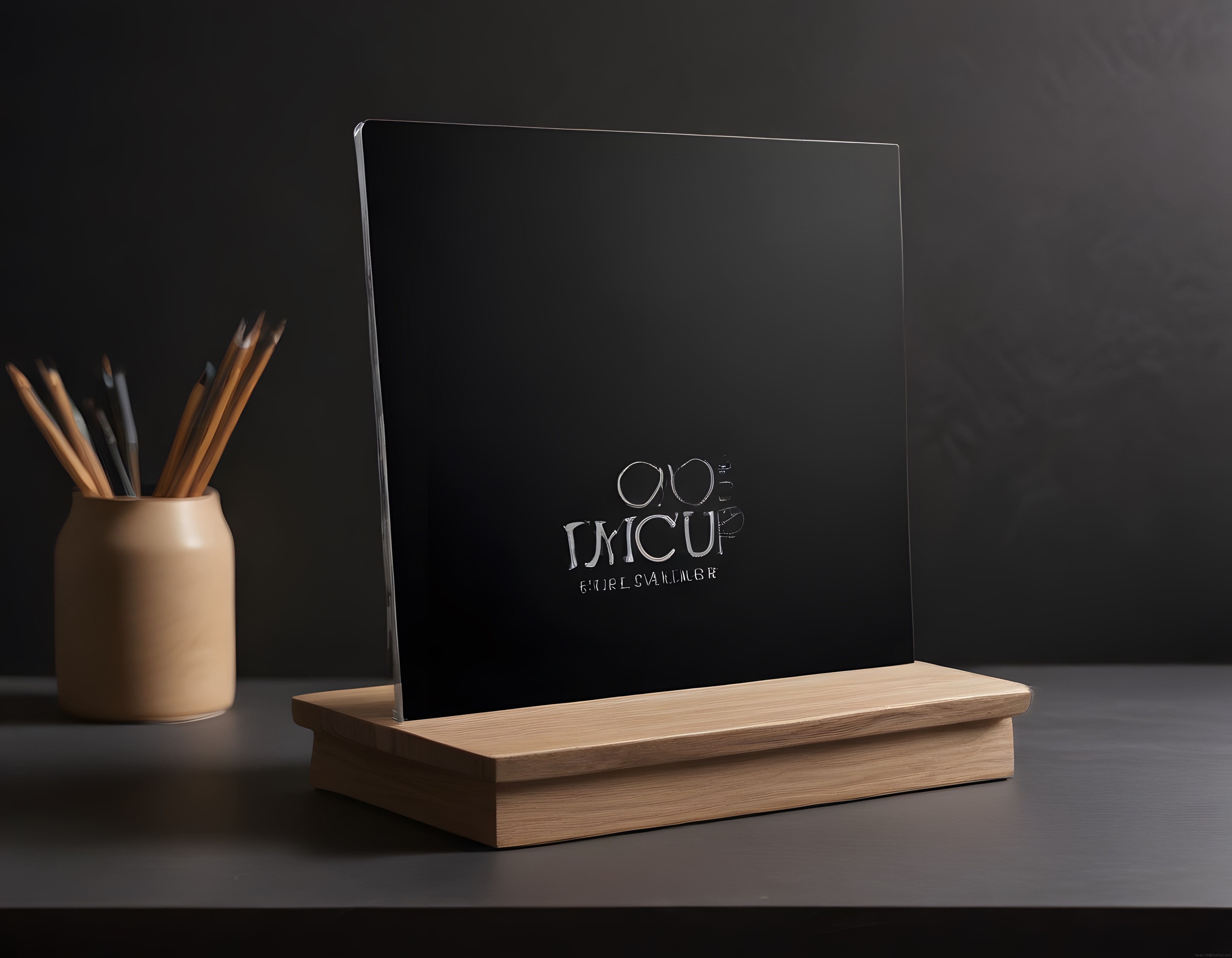 Şeffaf cam plaket ve ahşap stand mockup, koyu zeminli minimalist şablon