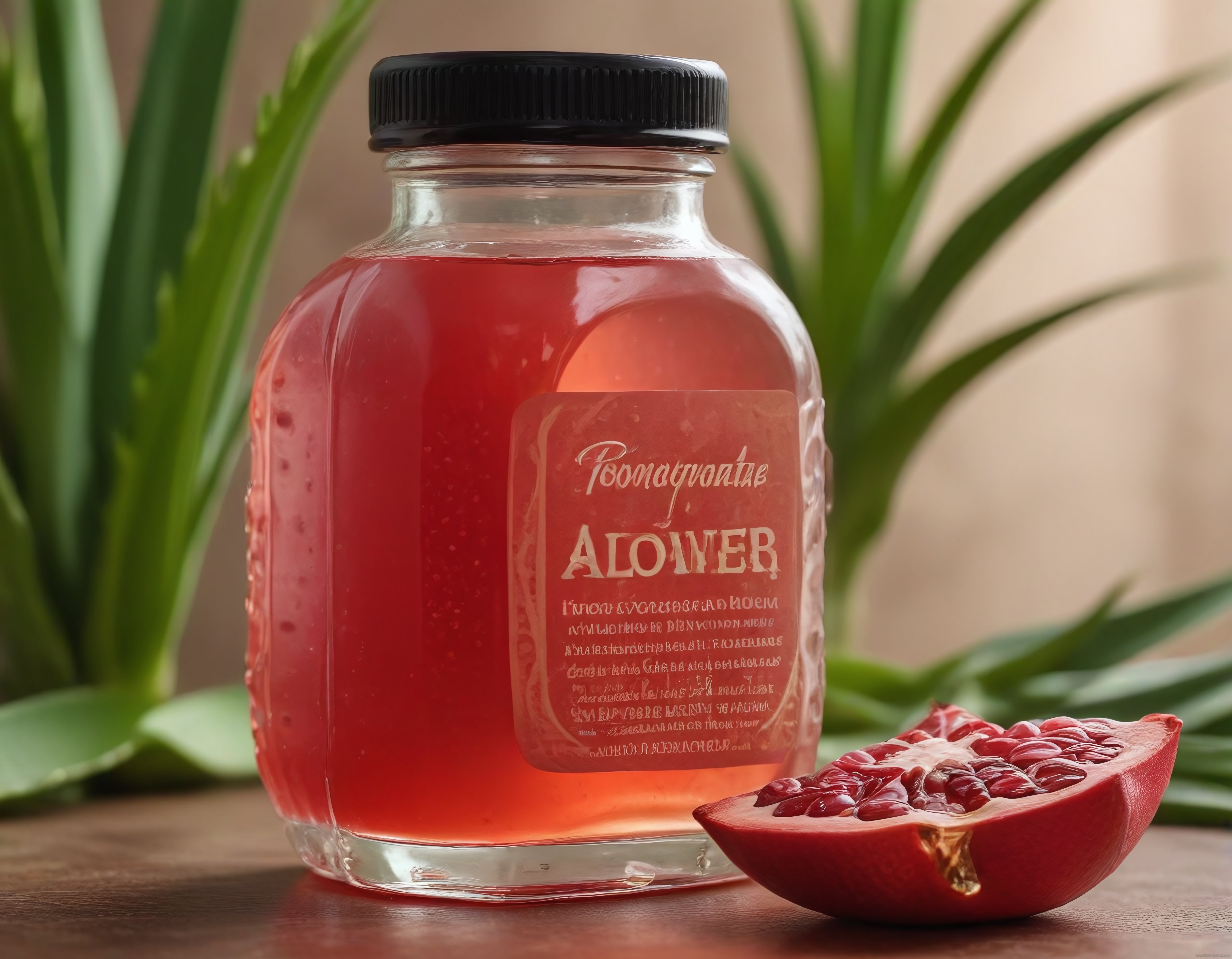 Şeffaf Cam Şişede Narlı Aloe Vera Suyu ve Dilimlenmiş Taze Nar Sunumu