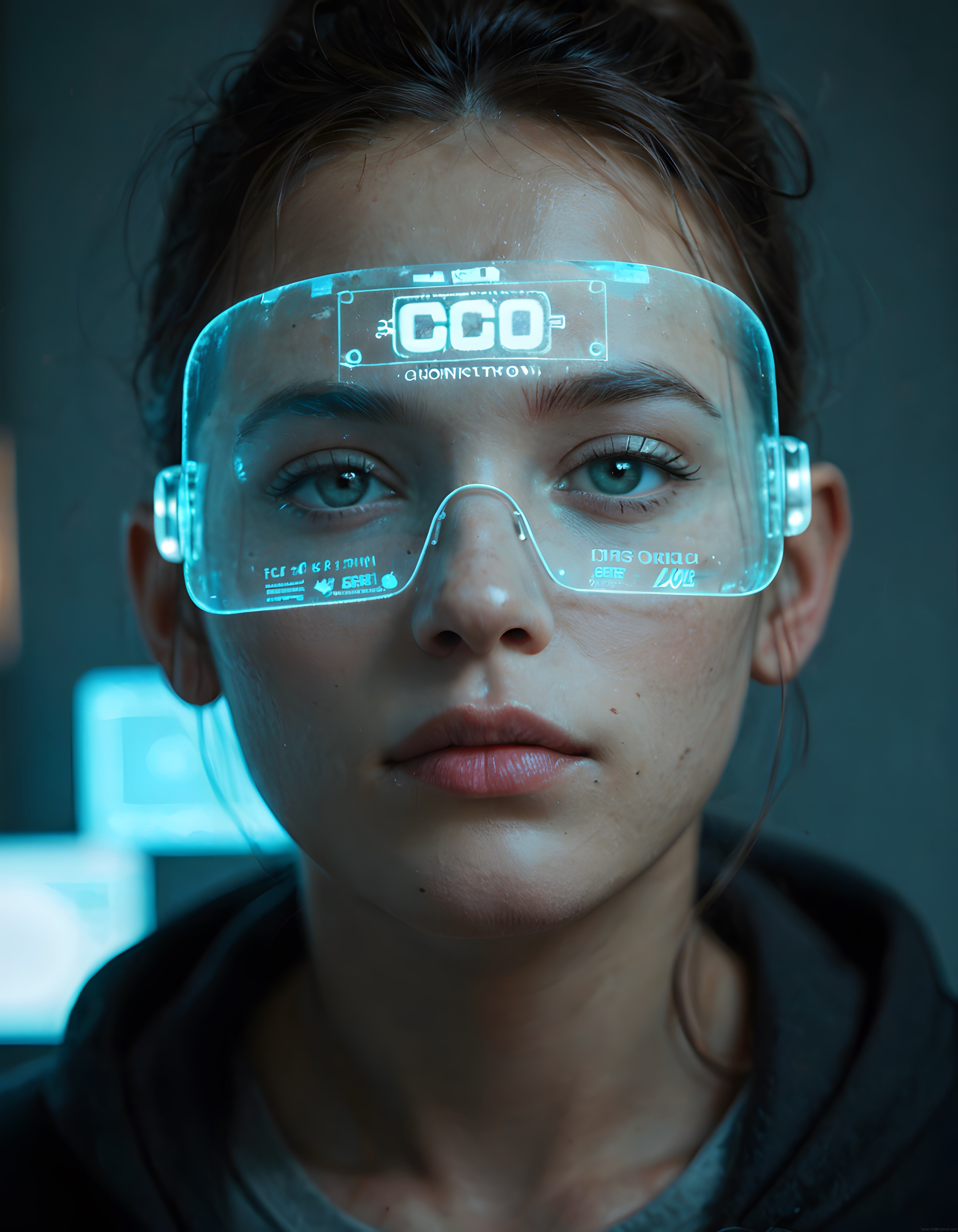 Şeffaf dijital ekranlı ve mavi hologram arayüzlü fütüristik kadın portresi