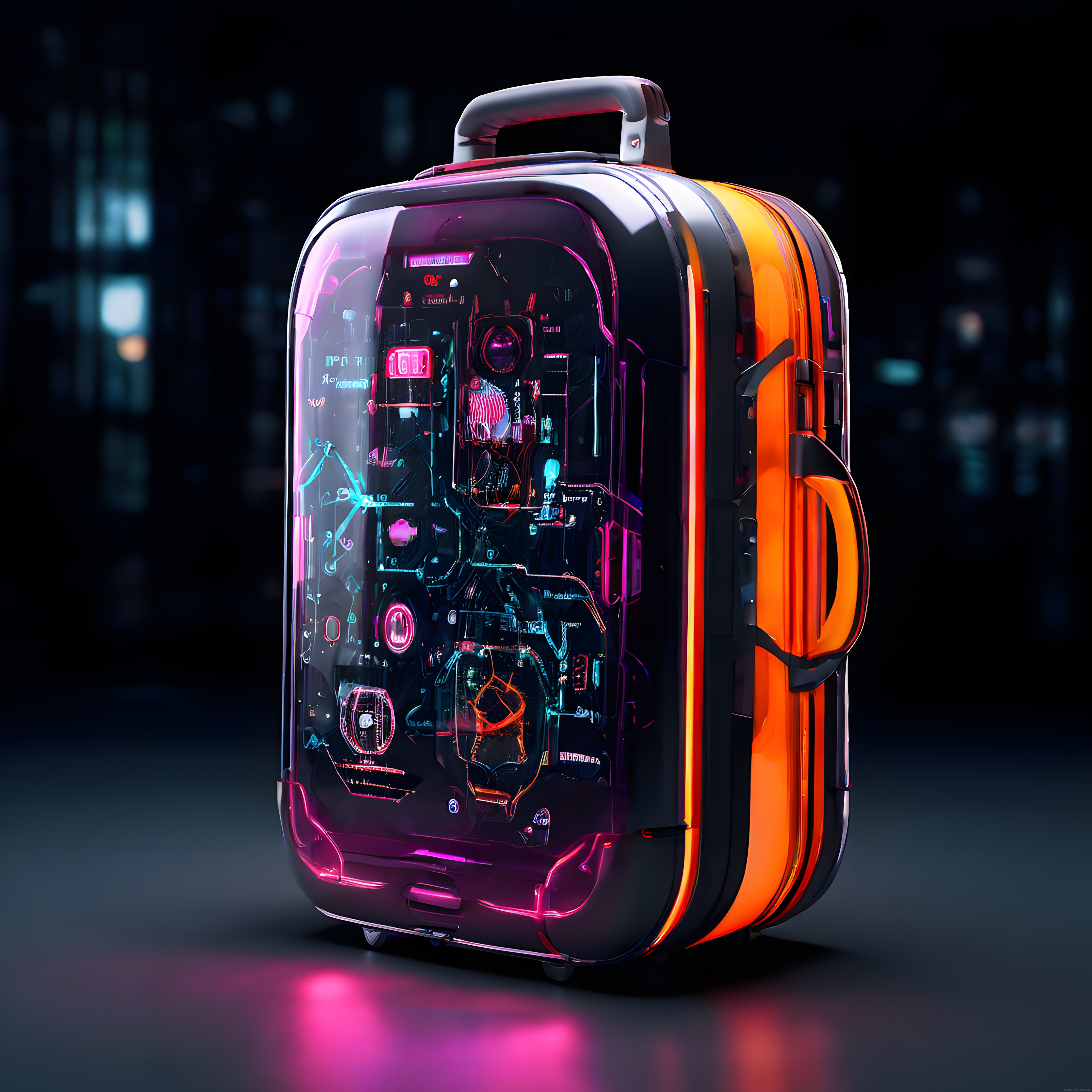 şeffaf kapaklı cyberpunk tarzı neon ışıklı yüksek teknoloji bavul tasarımı