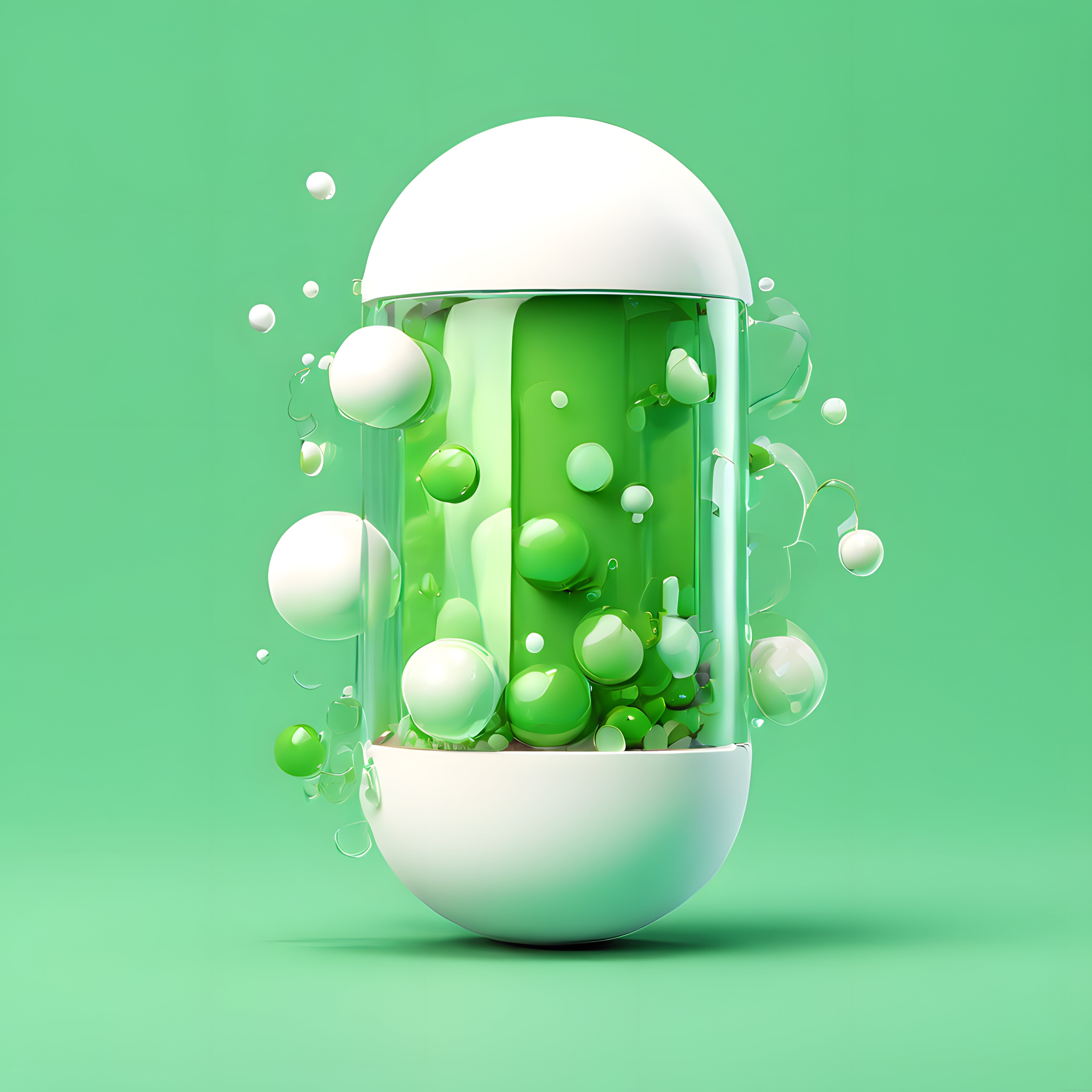 Şeffaf Kapsülde Yeşil Sıvı ve Beyaz Kürelerle Modern 3D Render Tasarım