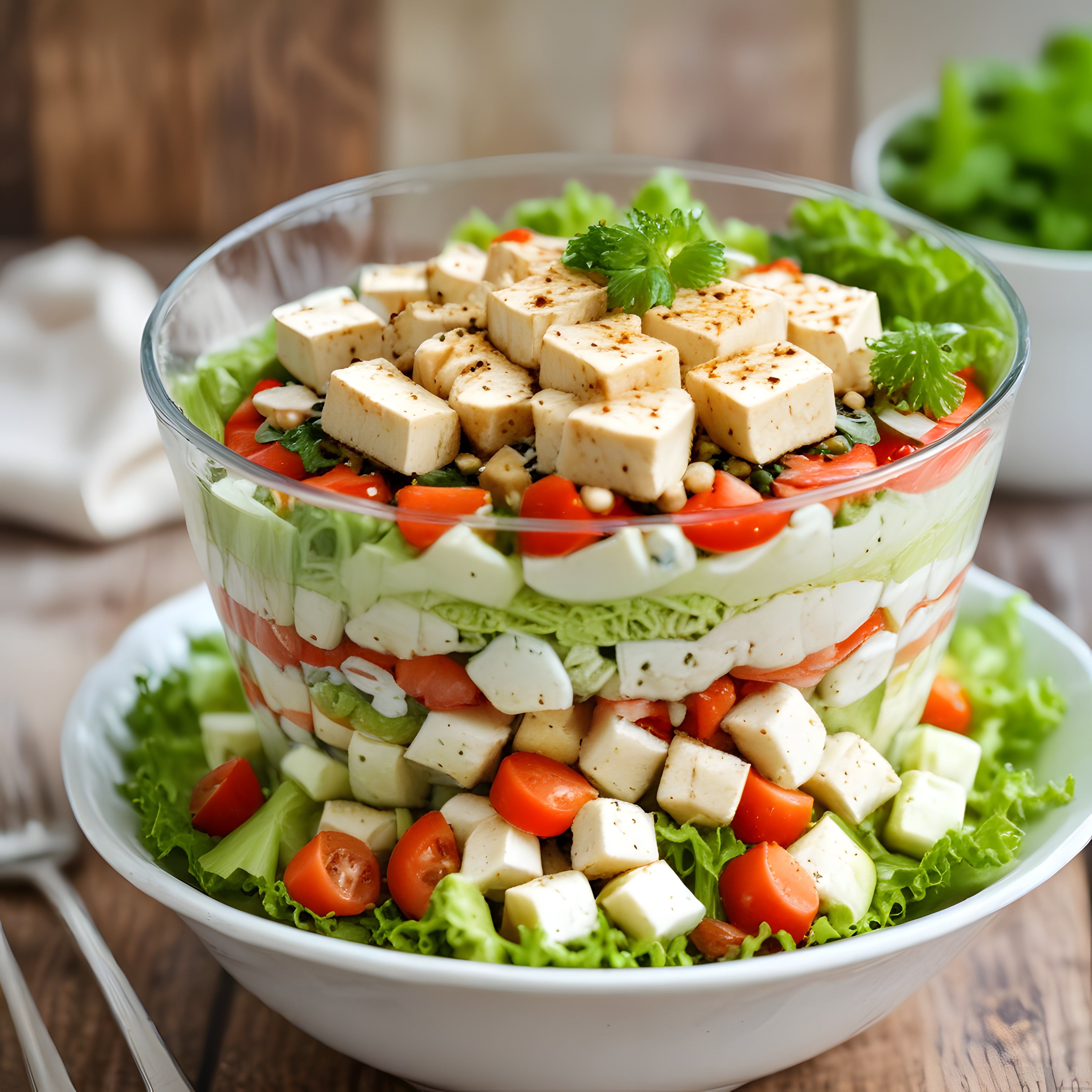 Şeffaf Kapta Renkli Katmanlı Salata Tarifi: Tofu ve Peynirli Sağlıklı Sunum