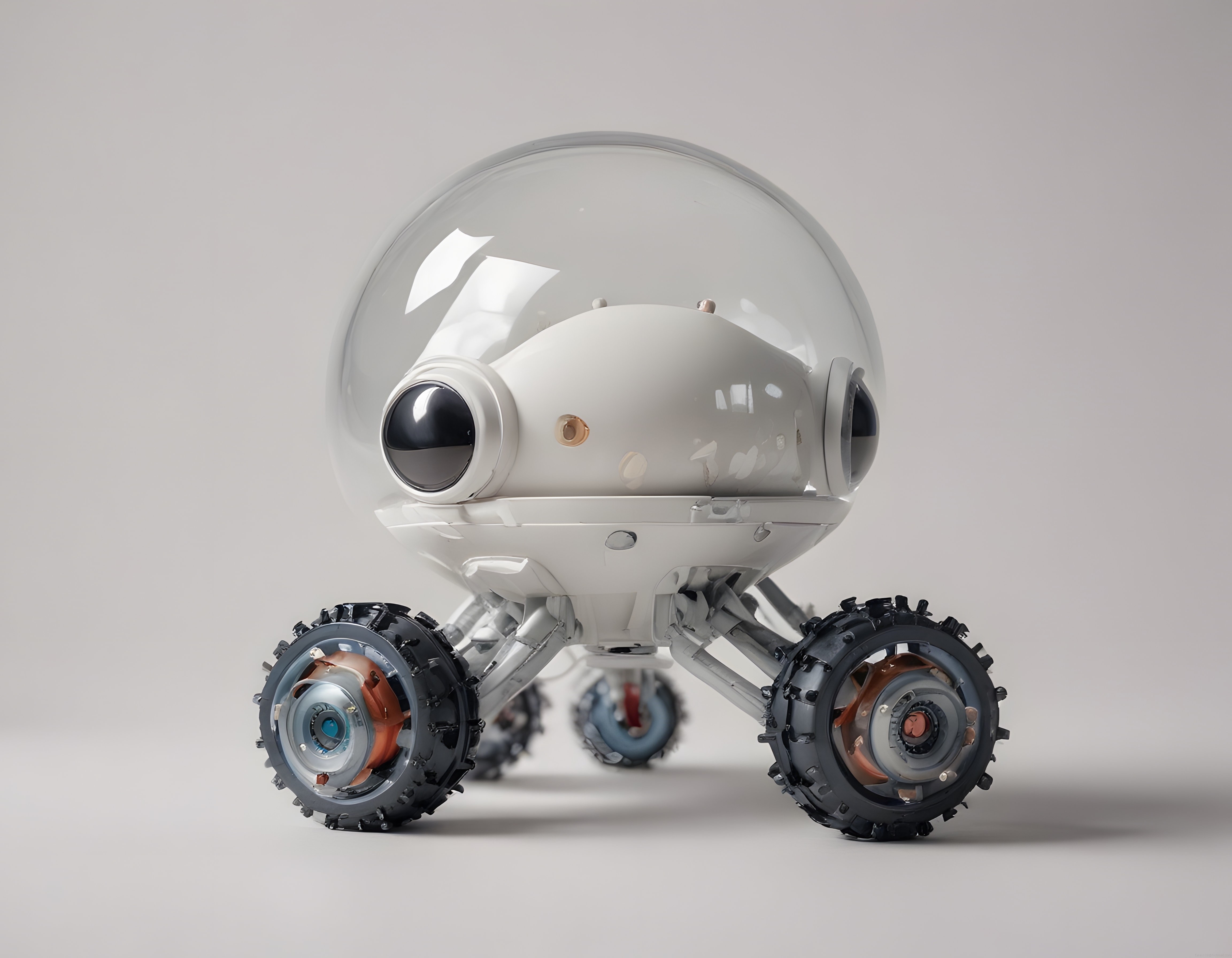 Şeffaf Kubbeli Büyük Siyah Gözlü Sevimli Beyaz Tekerlekli Robot Karakteri