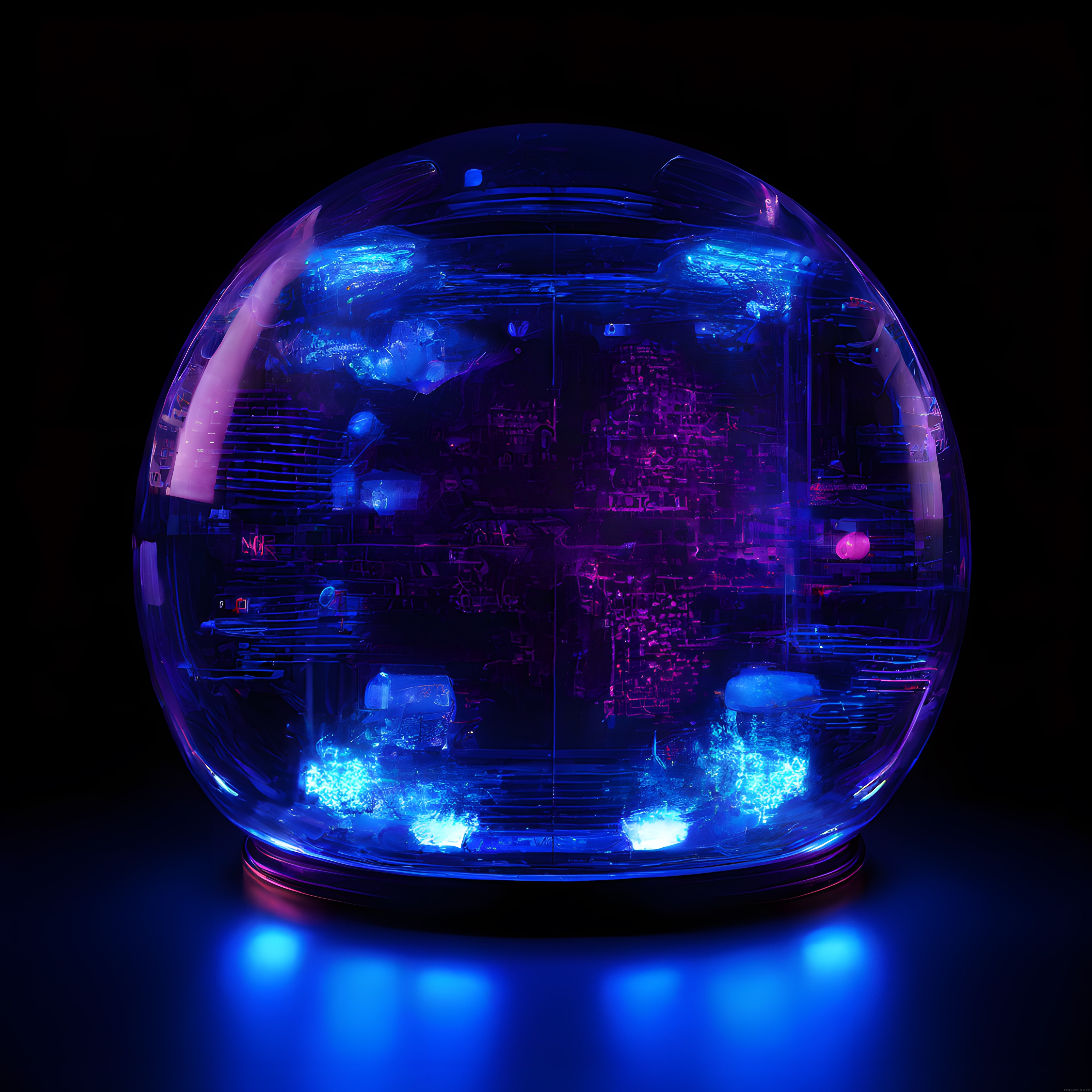 Şeffaf küre içinde neon ışıklarla aydınlatılmış geleceğin dijital sanat eseri