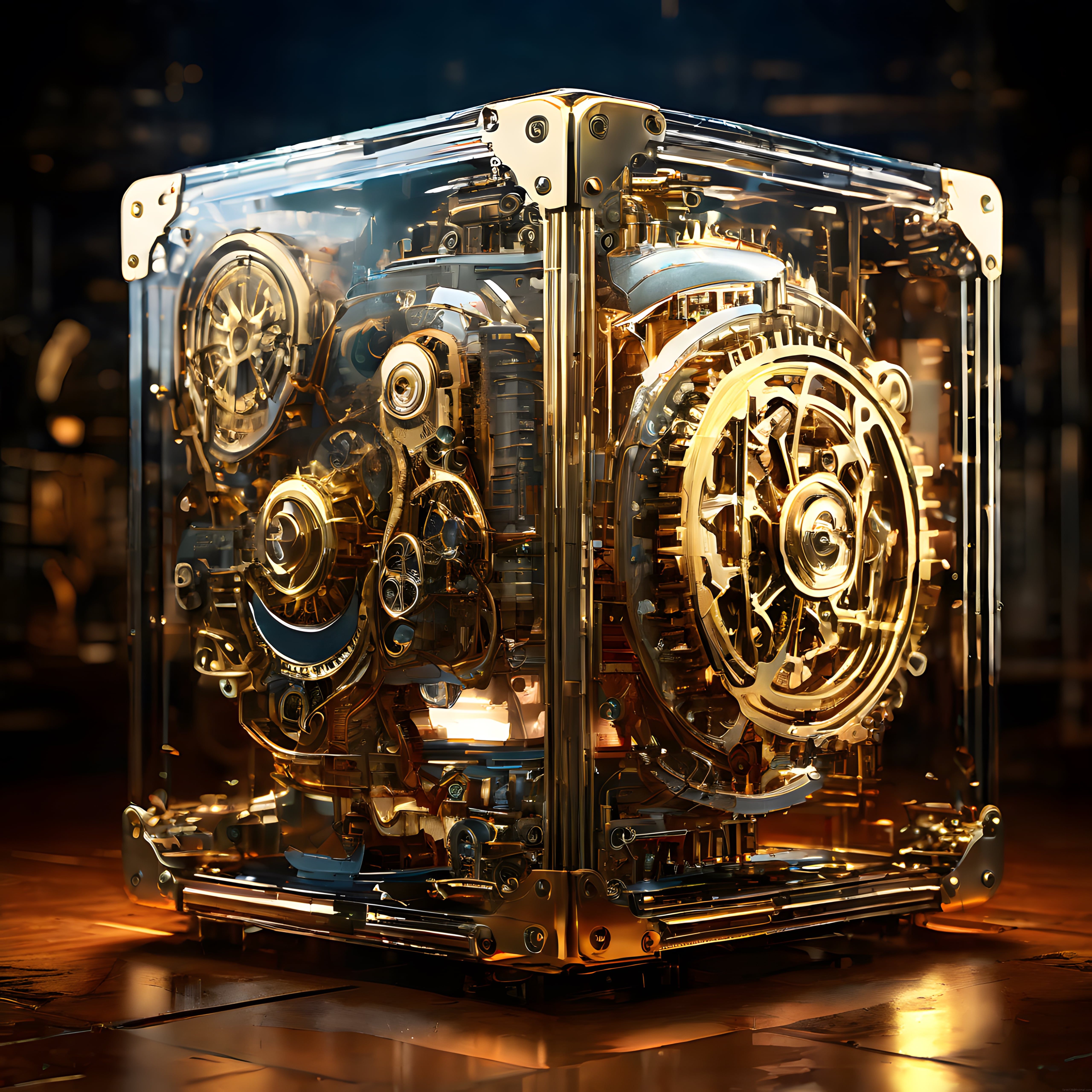 Şeffaf kutuda parlayan altın dişlilerden oluşan steampunk mekanizma sanatı