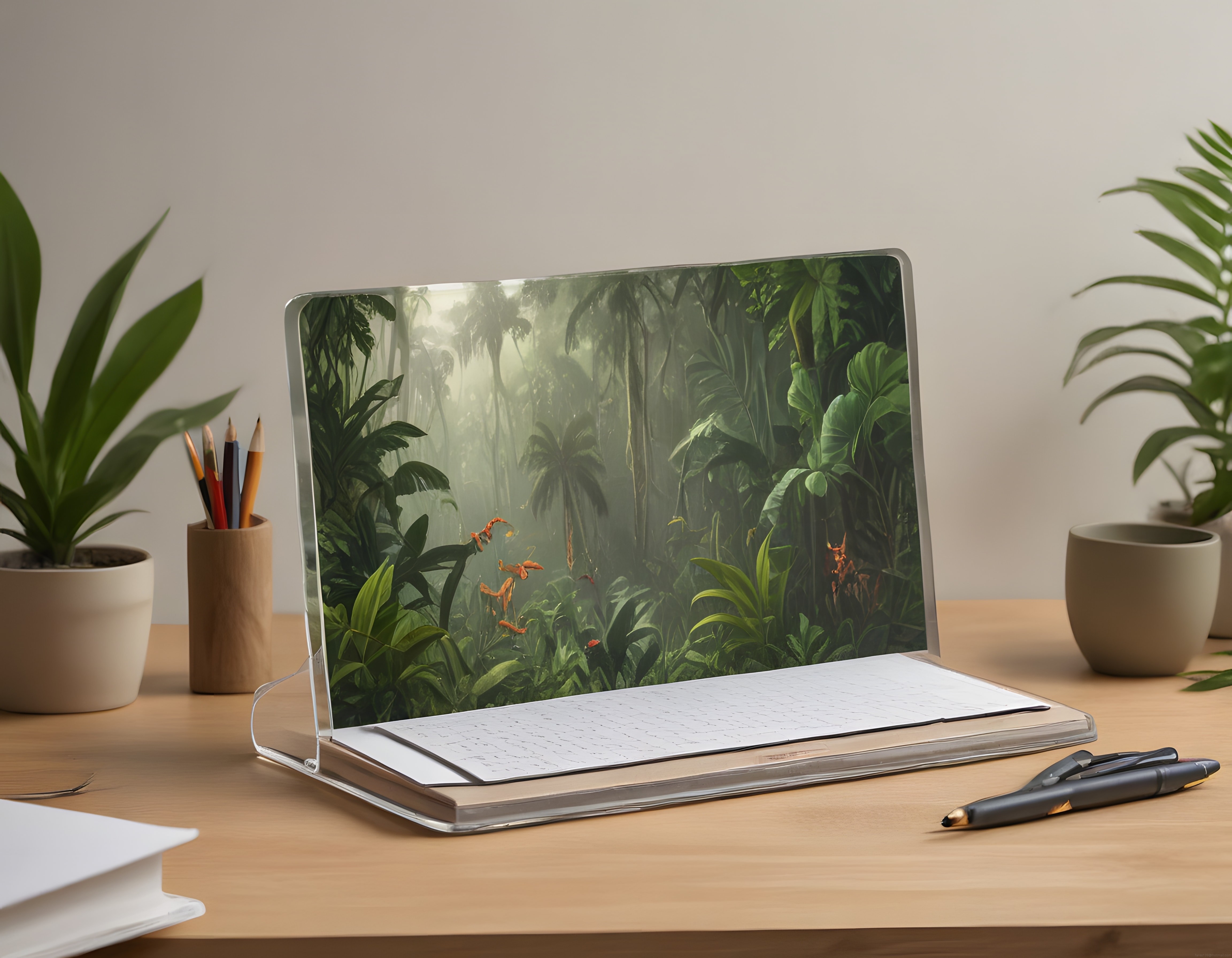 Şeffaf Laptop ve Sisli Tropikal Orman Duvar Kağıdı ile Modern Çalışma Masası