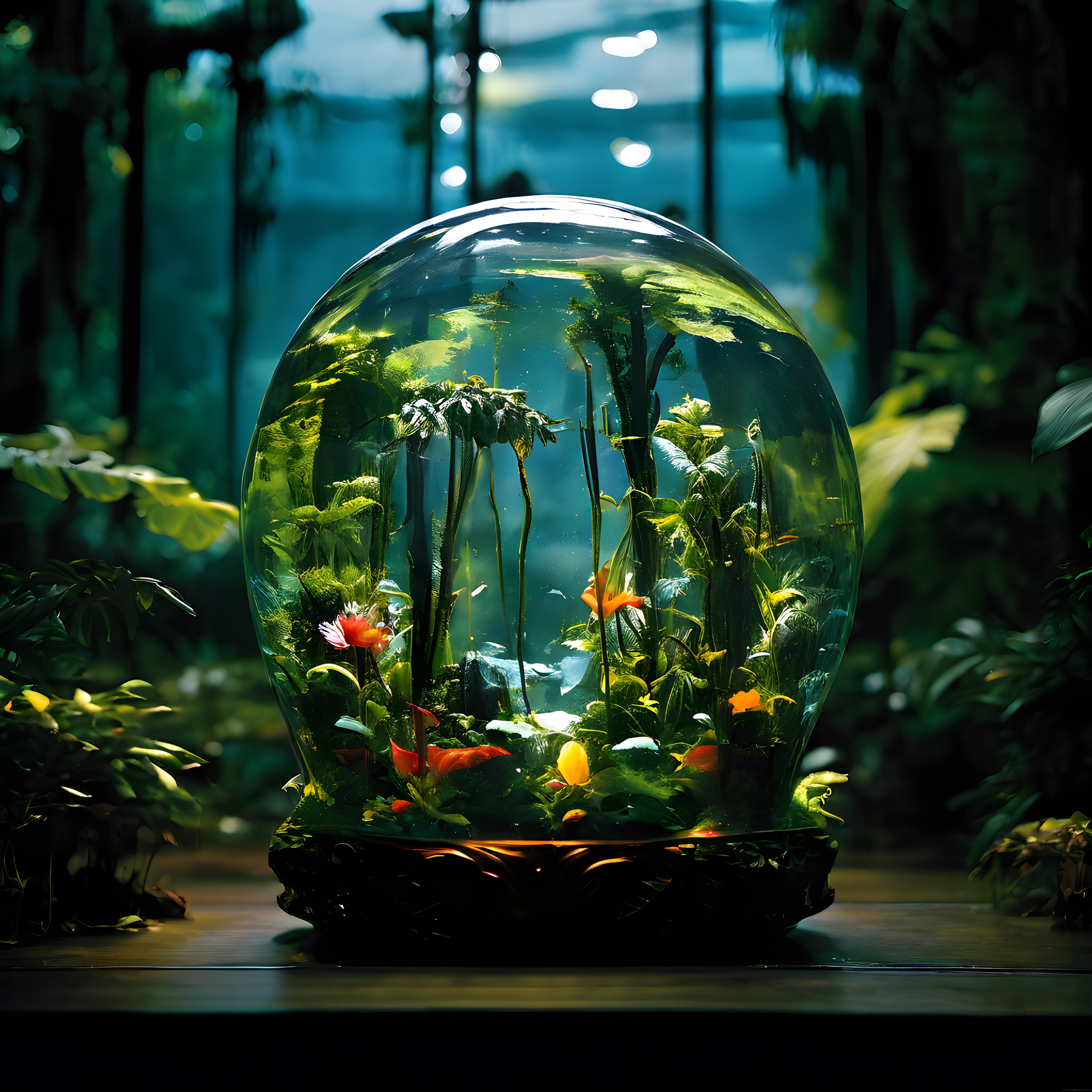 Şeffaf Terrarium Küresindeki Renkli Çiçekler ve Mistik Orman Atmosferi
