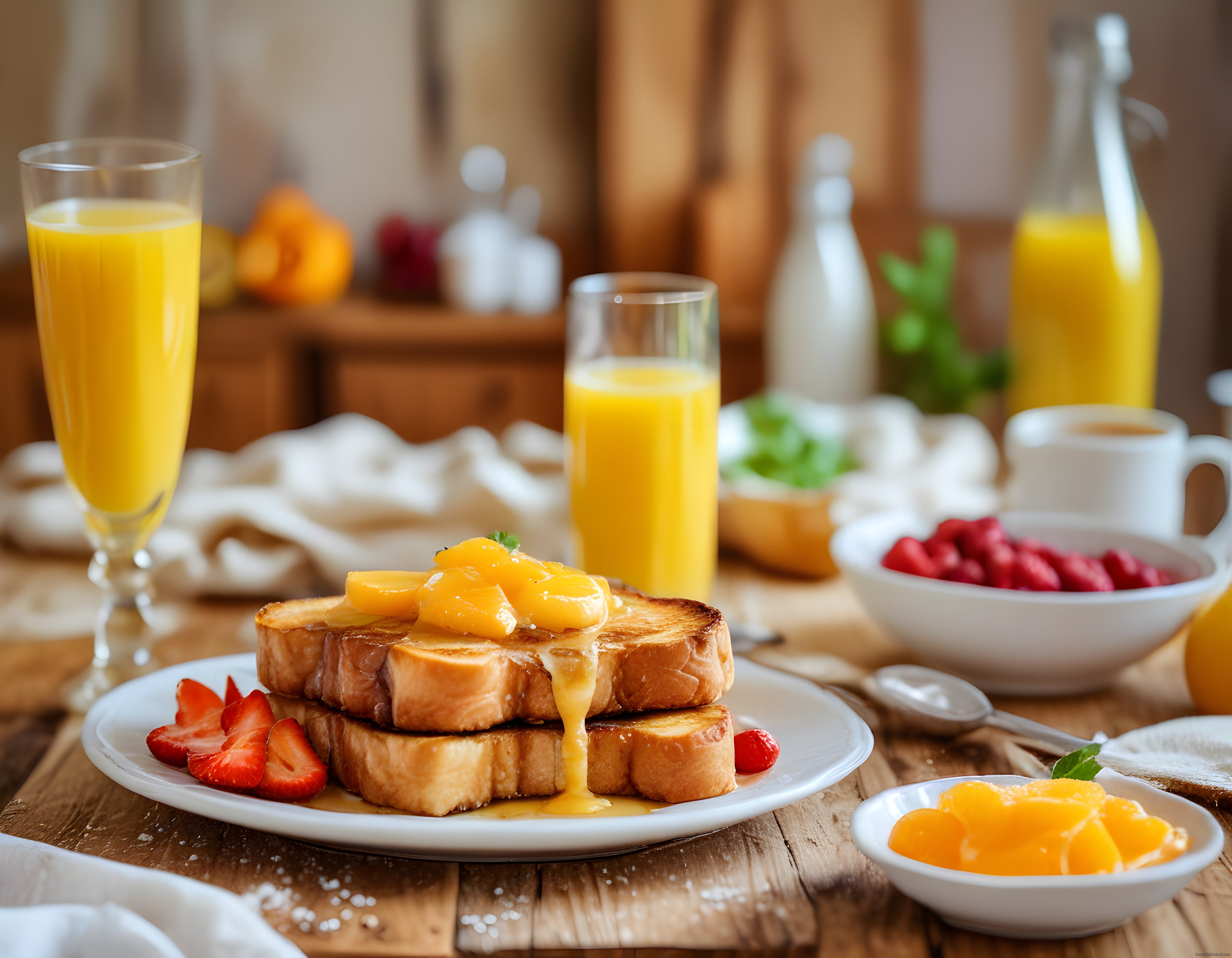 Şeftali Soslu French Toast ve Taze Portakal Suyuyla Sıcacık Bir Kahvaltı