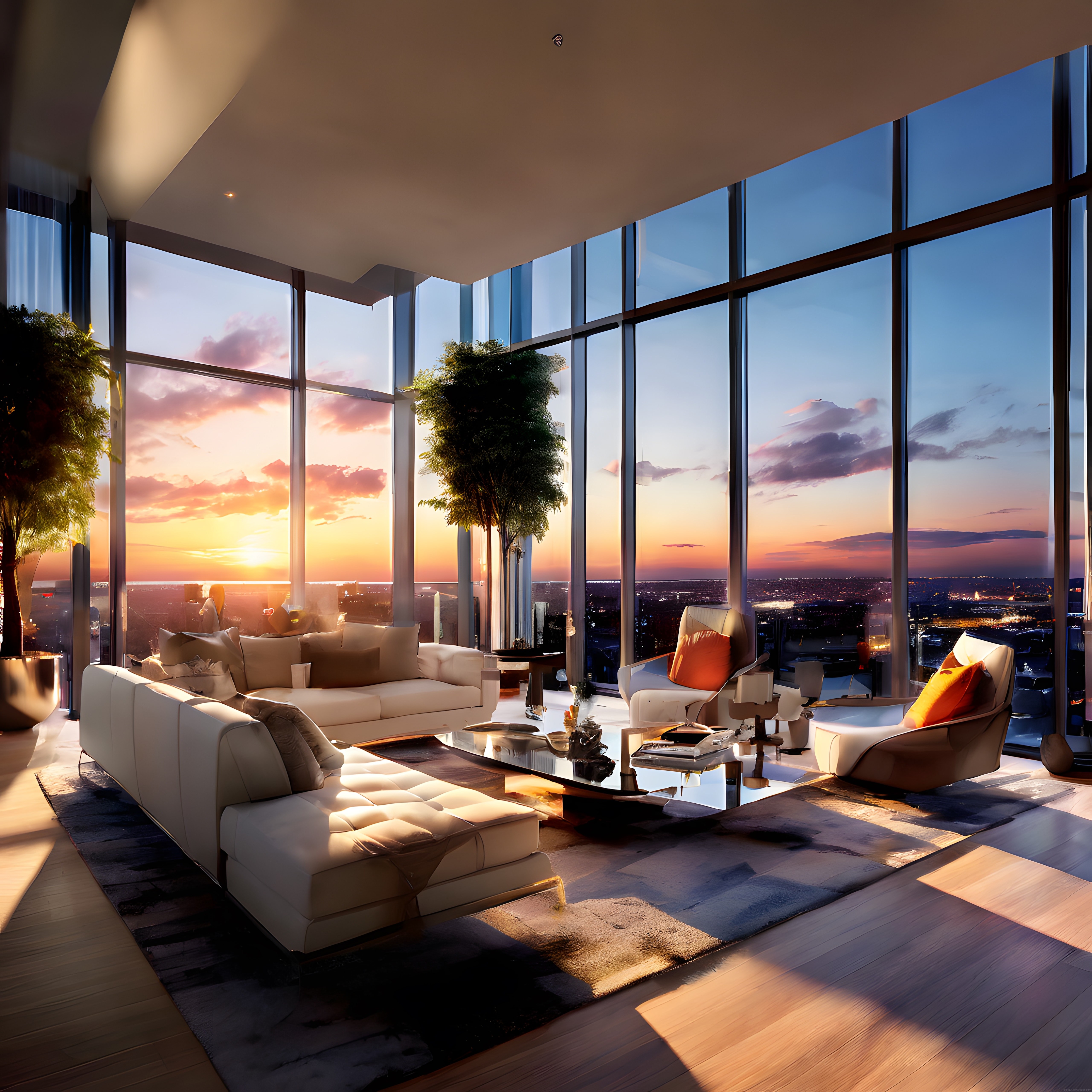 Şehir Manzaralı Gün Batımında Ultra Lüks Modern Penthouse Salon Dekorasyonu